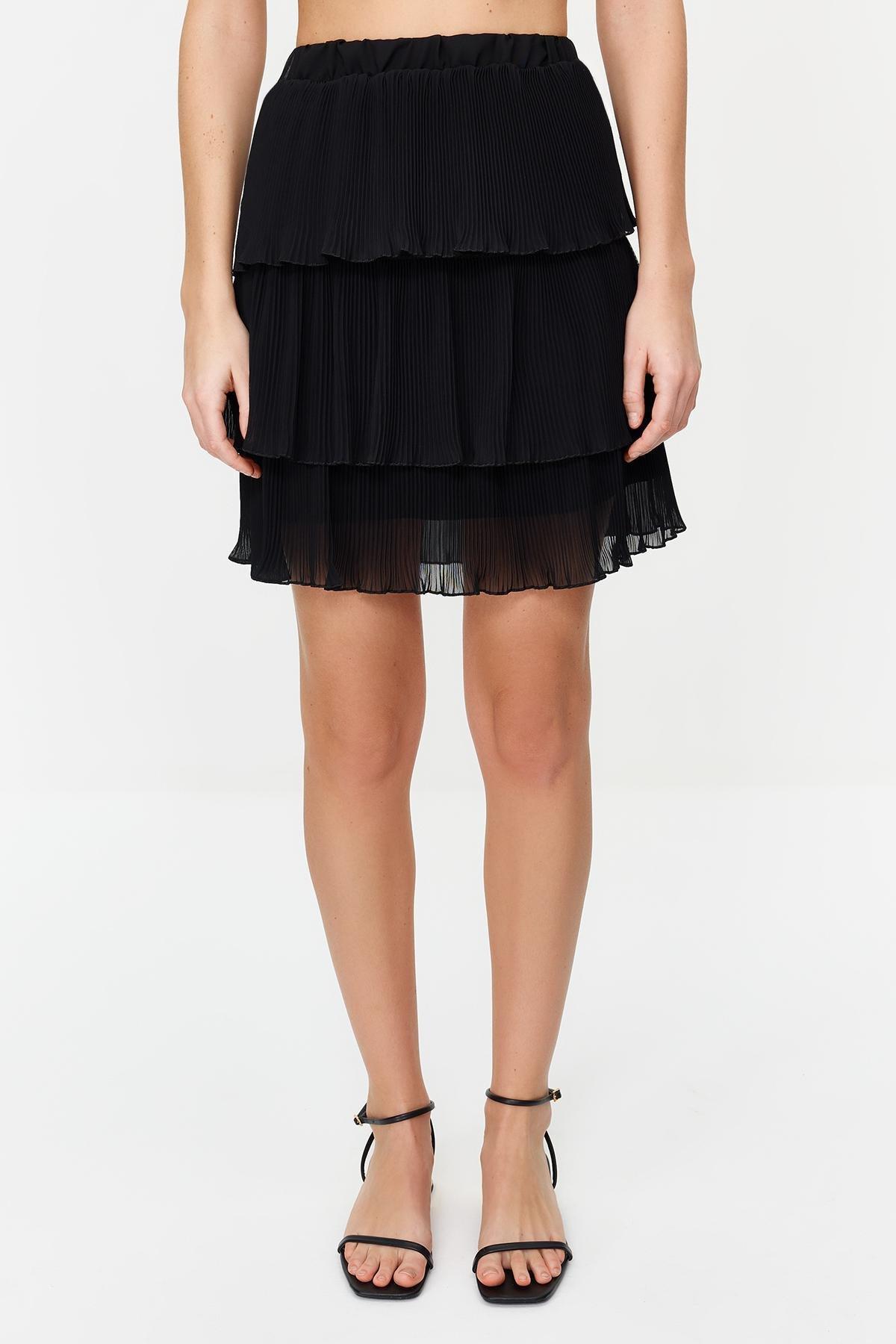 Black Pleated Ruffled Chiffon Mini Skirt, , large image number 2