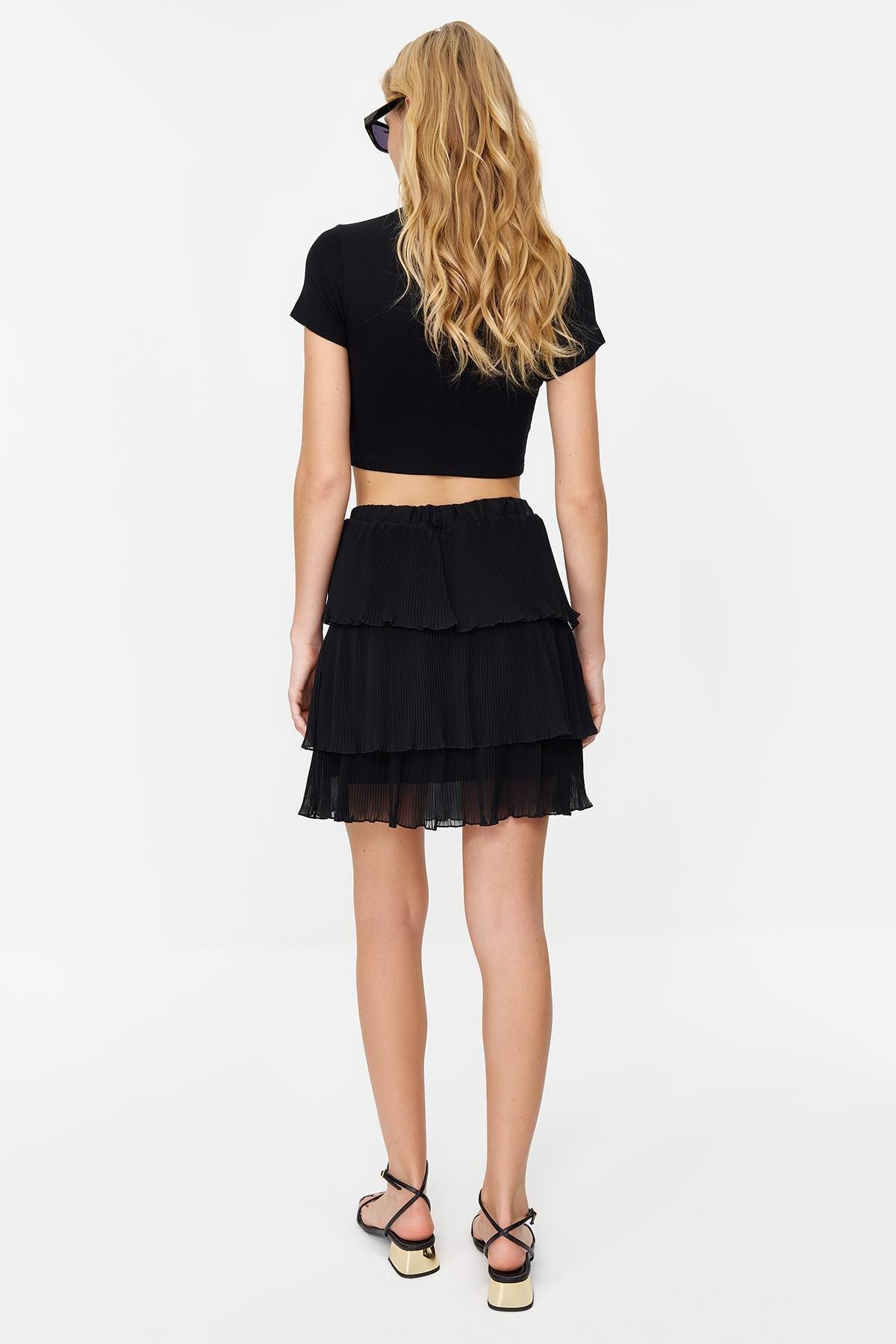 Black Pleated Ruffled Chiffon Mini Skirt, , large image number 4