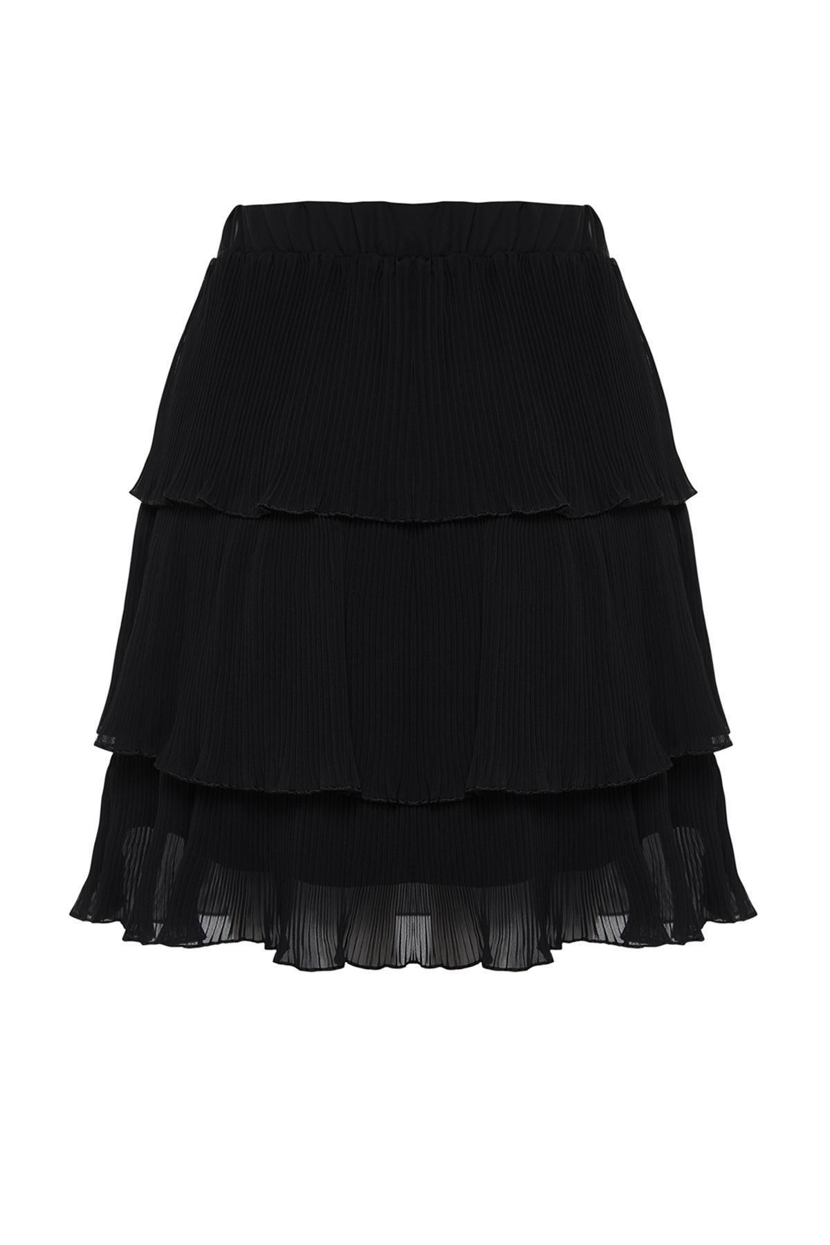 Black Pleated Ruffled Chiffon Mini Skirt, , large image number 5