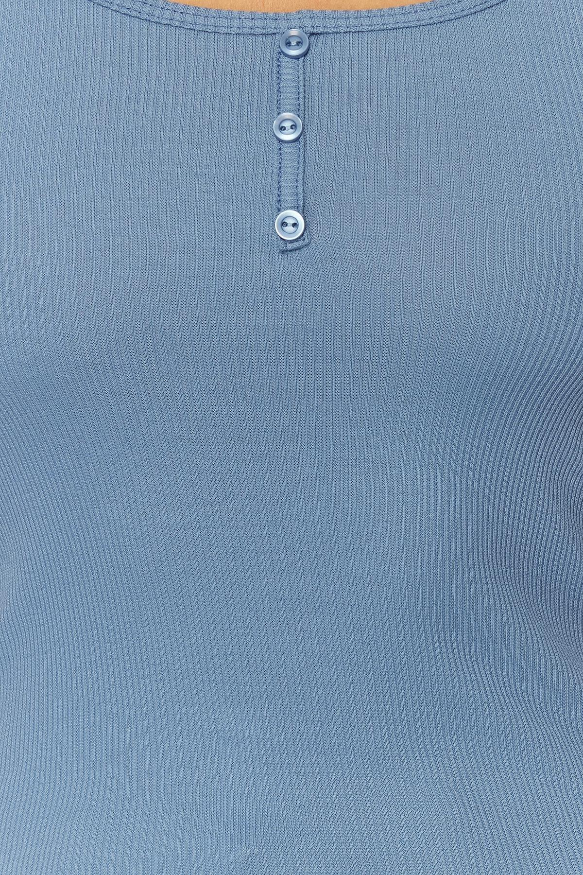 Blue Buttoned Cotton Ribbed Knitted Undershirt, , large image number 3