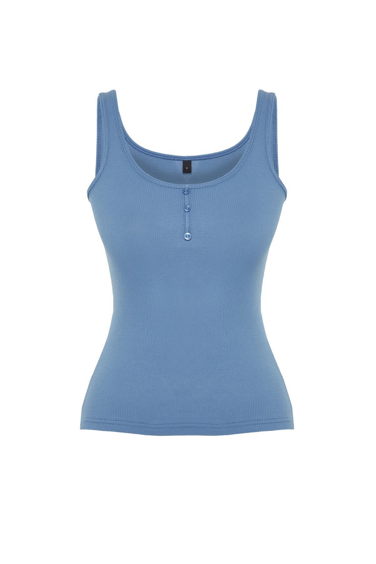 Blue Buttoned Cotton Ribbed Knitted Undershirt, , large image number 5