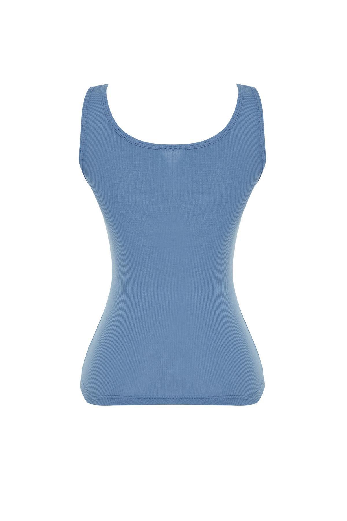 Blue Buttoned Cotton Ribbed Knitted Undershirt, , large image number 6
