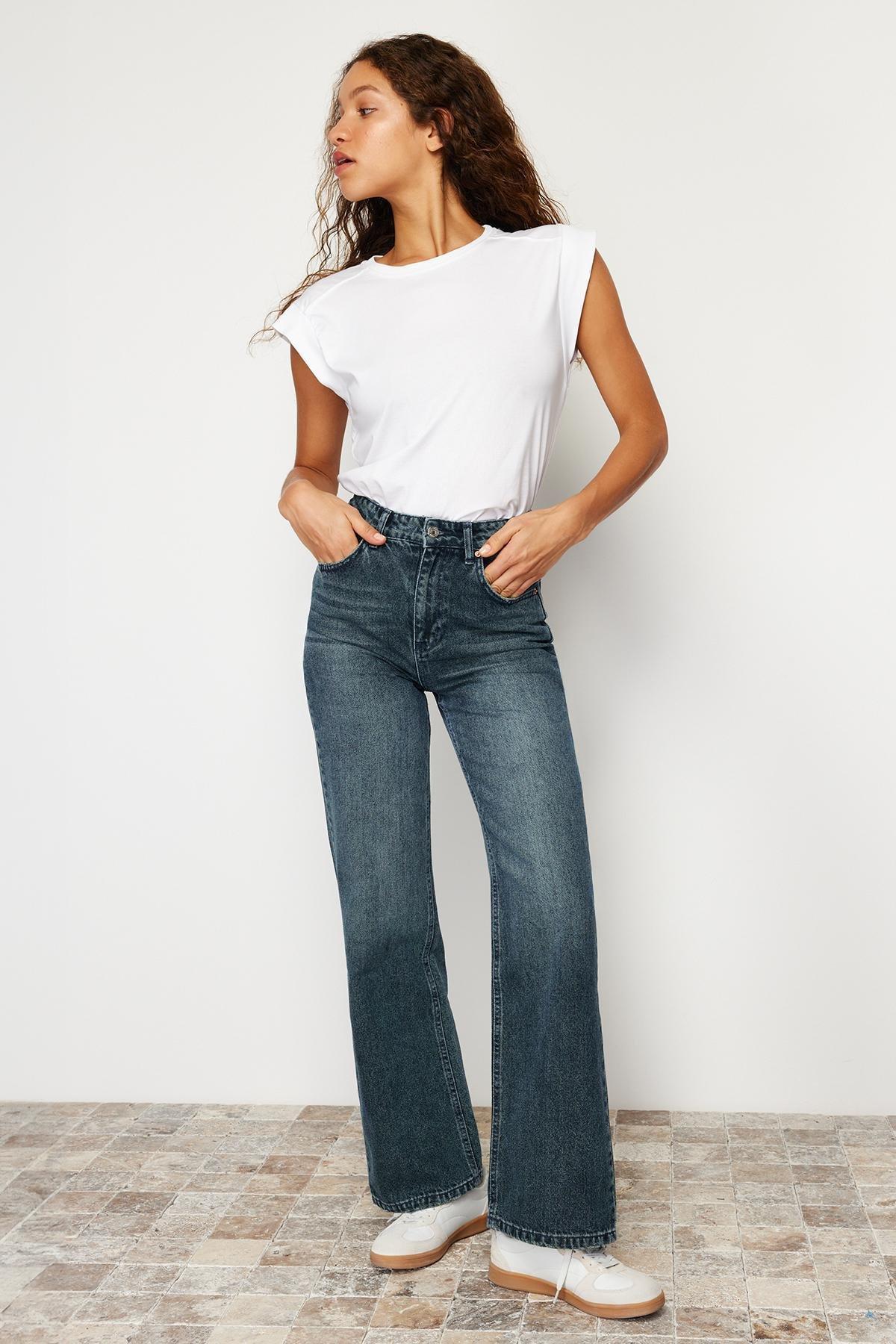 Navy Effect Vintage Wide Leg Jeans, , large image number 1