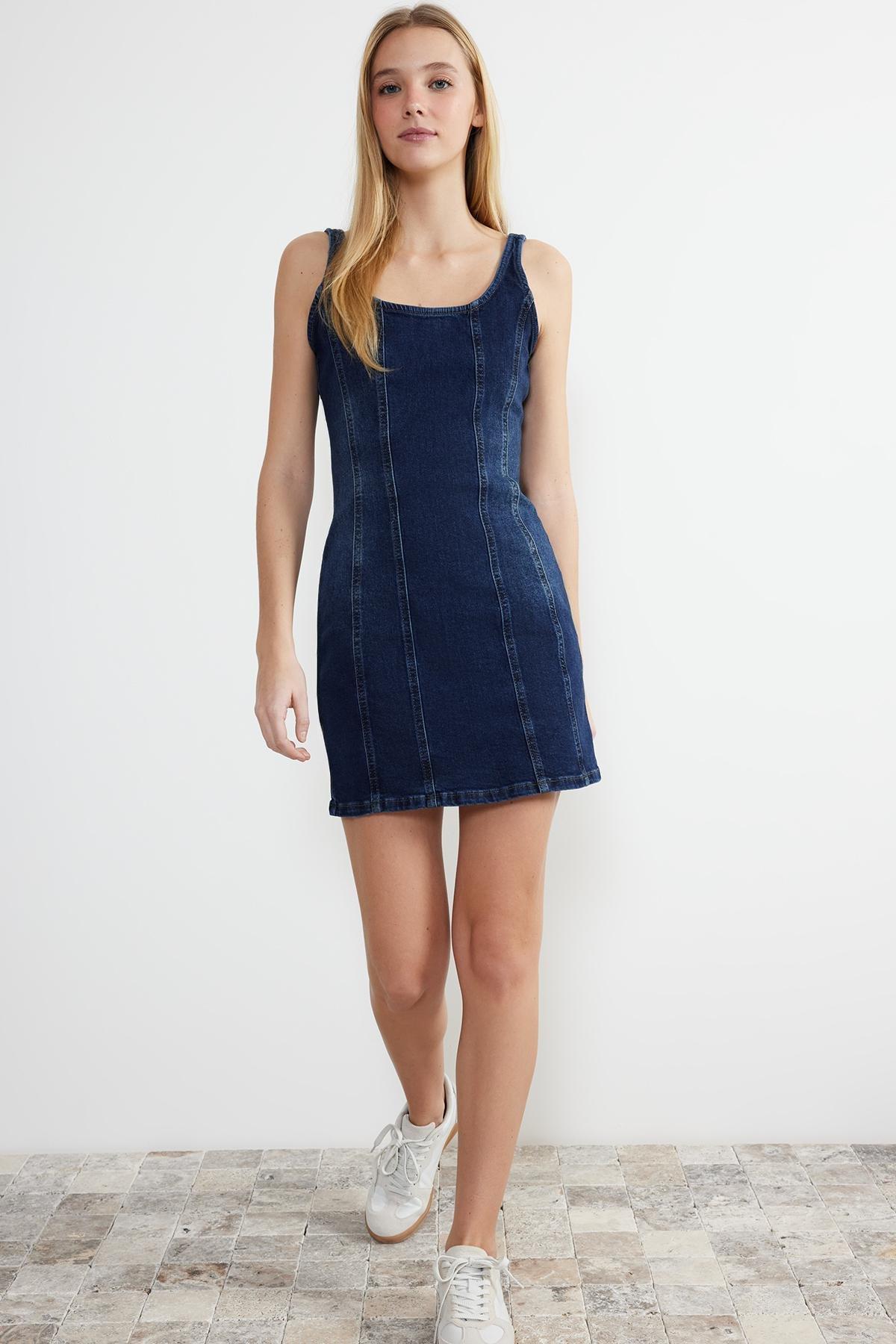 Blue Stitching Detailed Mini Denim Dress, , large image number 1