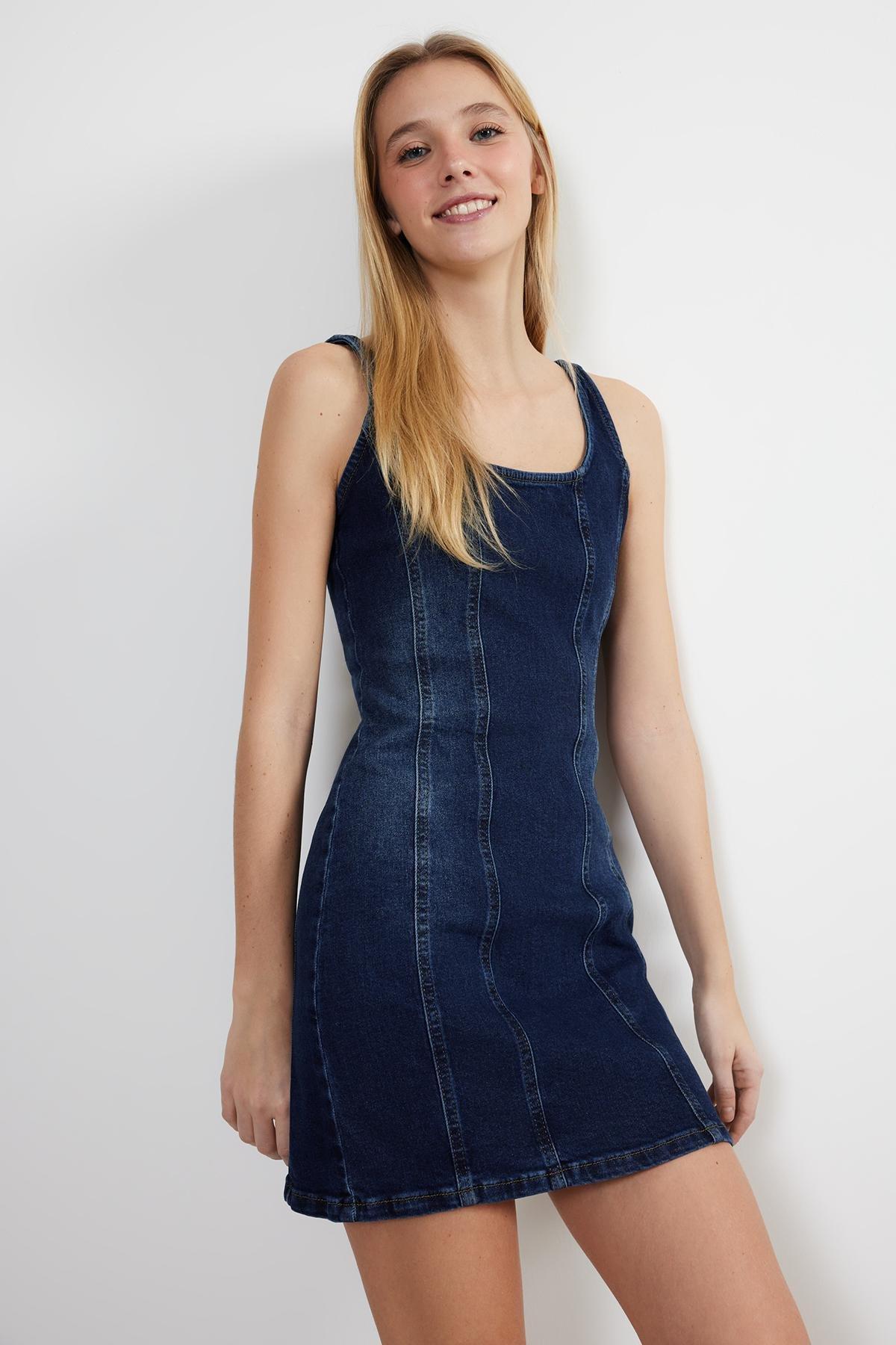 Blue Stitching Detailed Mini Denim Dress, , large image number 3