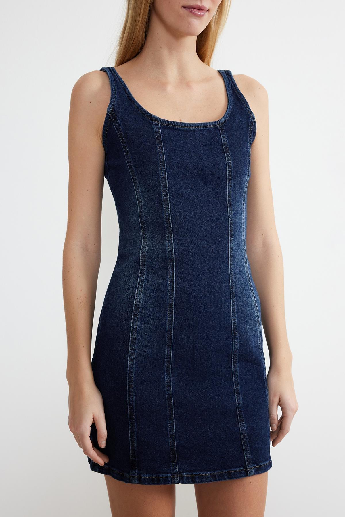 Blue Stitching Detailed Mini Denim Dress, , large image number 5