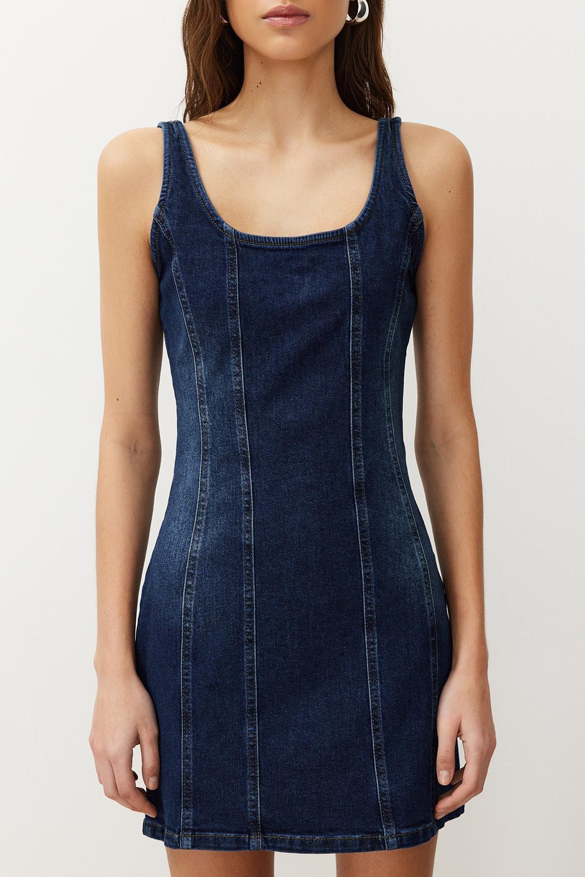Blue Stitching Detailed Mini Denim Dress, , large image number 6