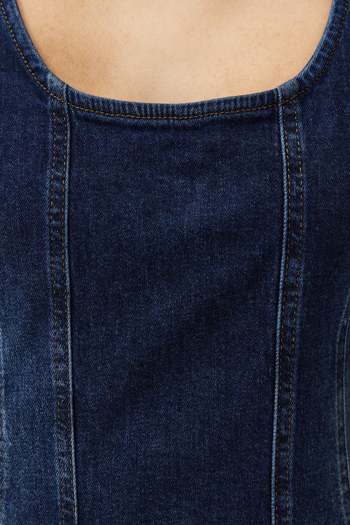 Blue Stitching Detailed Mini Denim Dress, , large image number 8