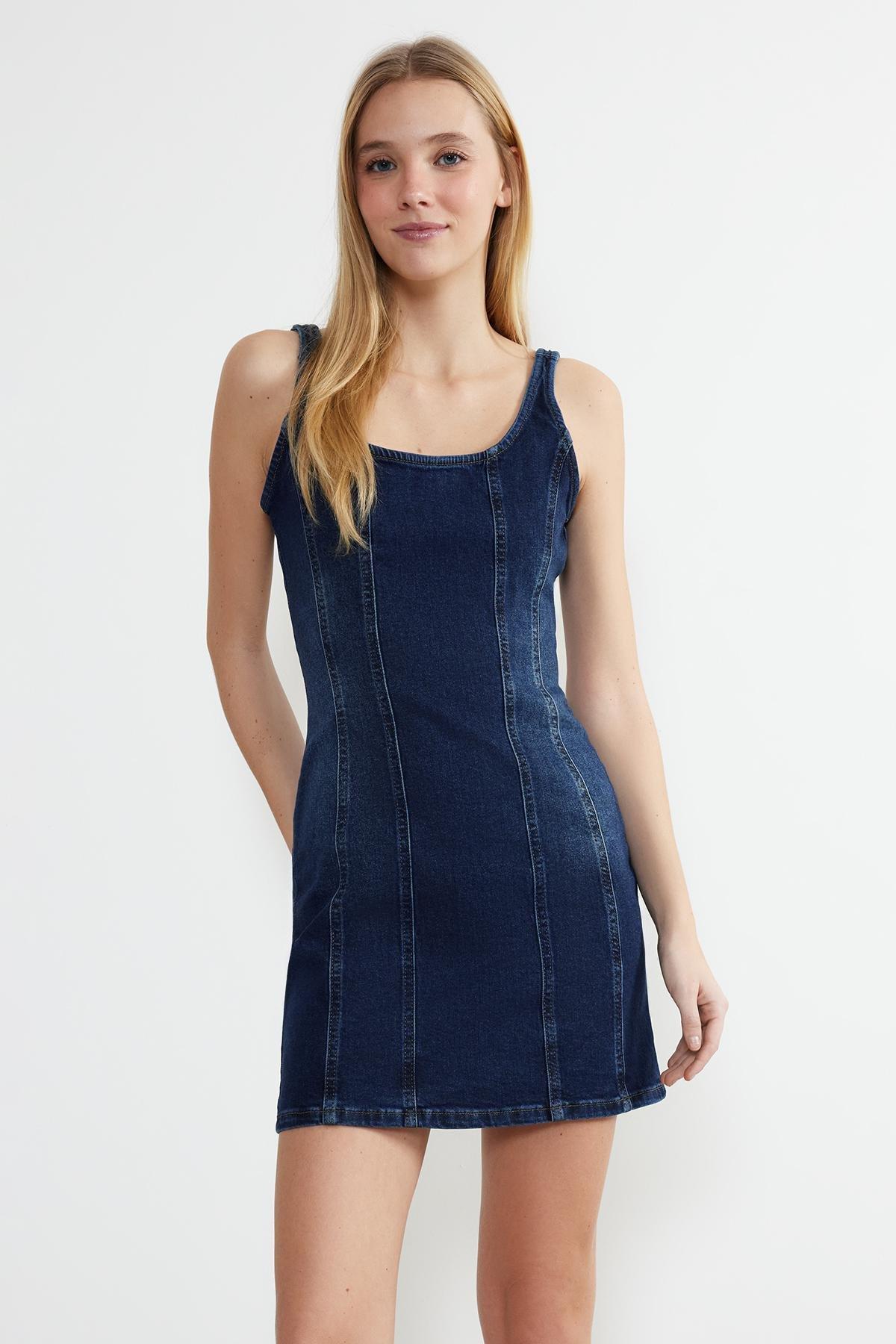 Blue Stitching Detailed Mini Denim Dress, , large image number 9