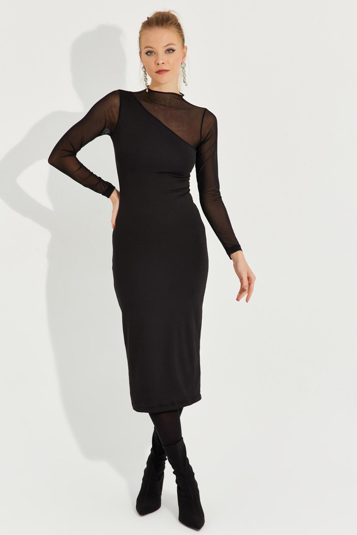 Black Detailed Asymmetric Midi Dress, , medium