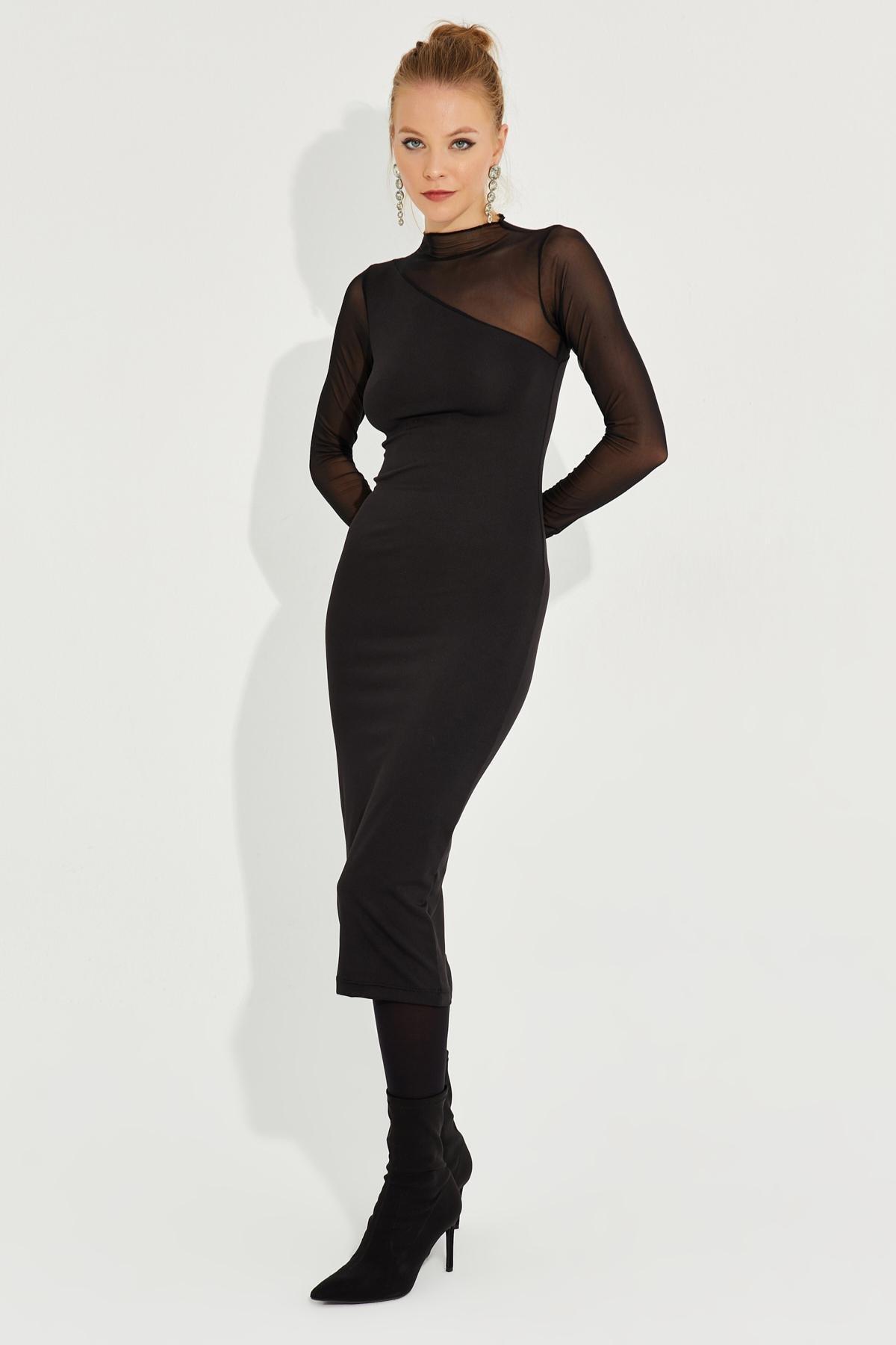 Black Detailed Asymmetric Midi Dress, , large image number 1