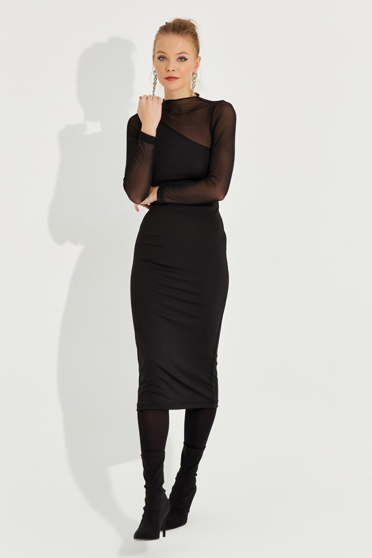 Black Detailed Asymmetric Midi Dress, , large image number 2