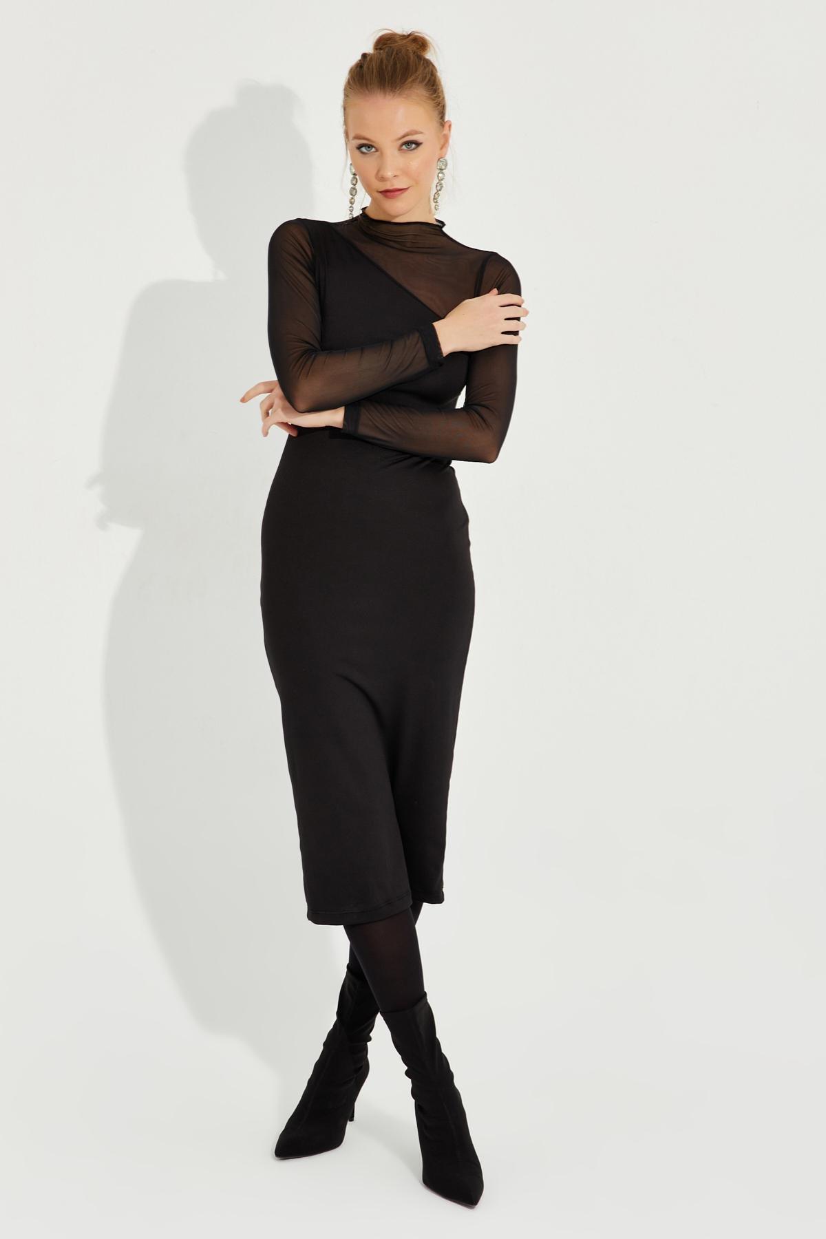 Black Detailed Asymmetric Midi Dress, , large image number 3