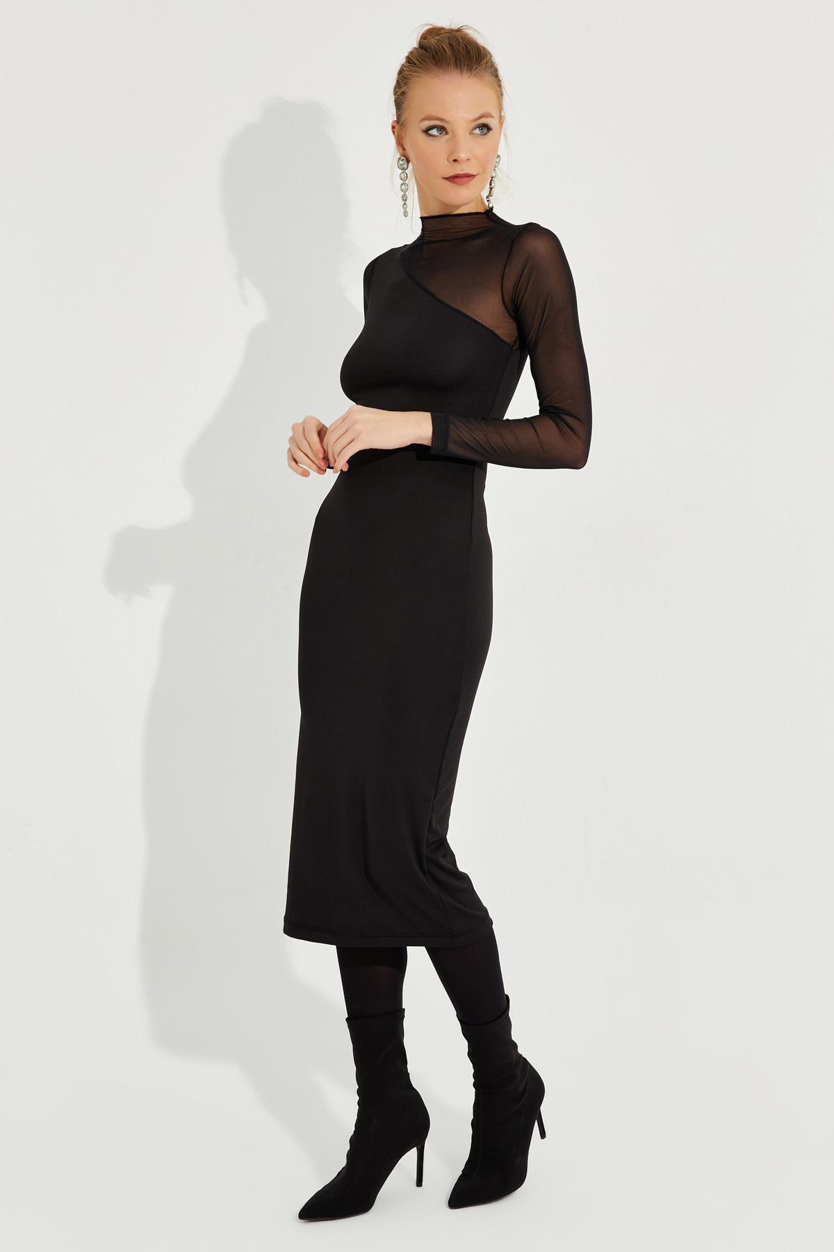 Black Detailed Asymmetric Midi Dress, , large image number 4