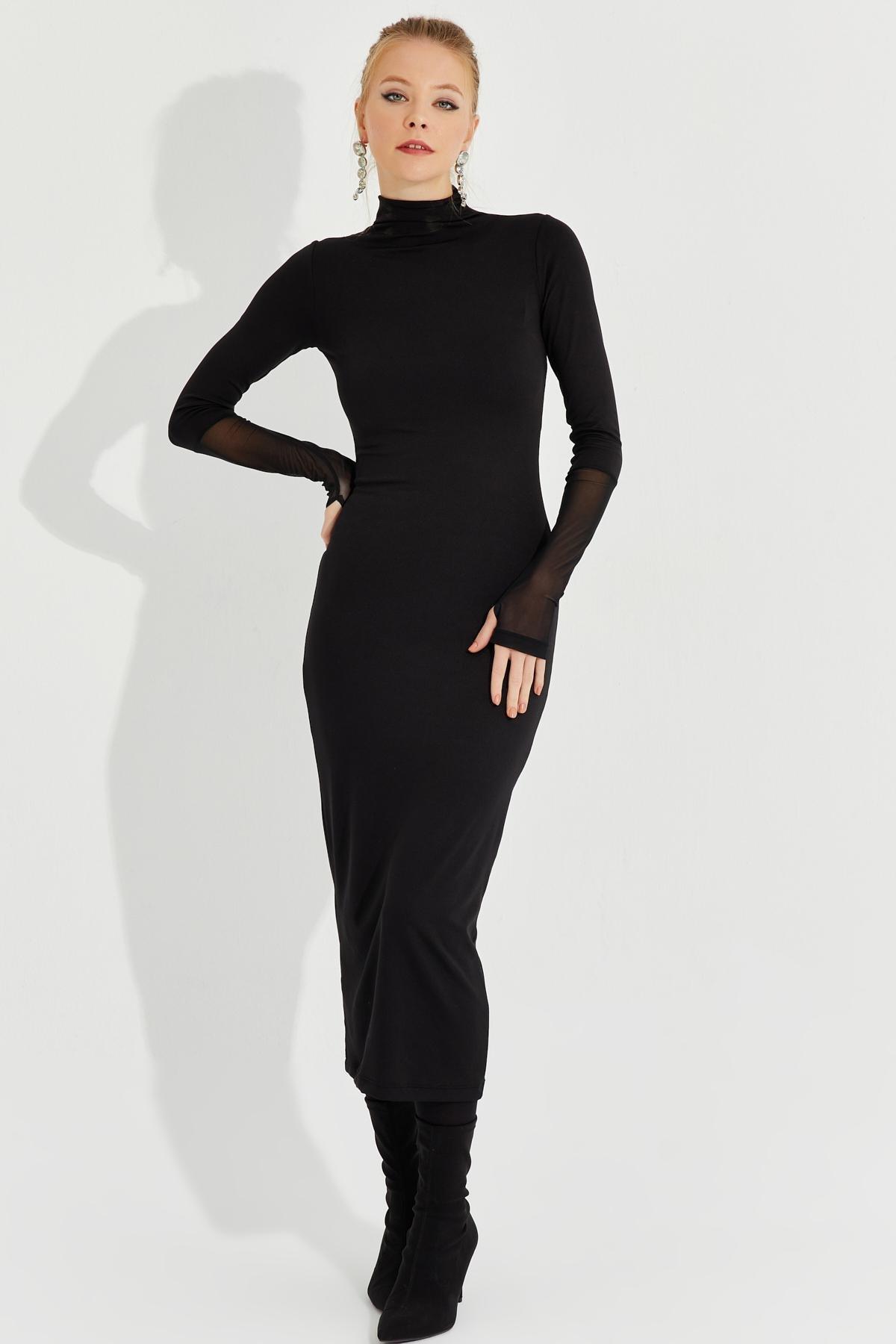 Black Detailed Midi Dress, , large image number 1