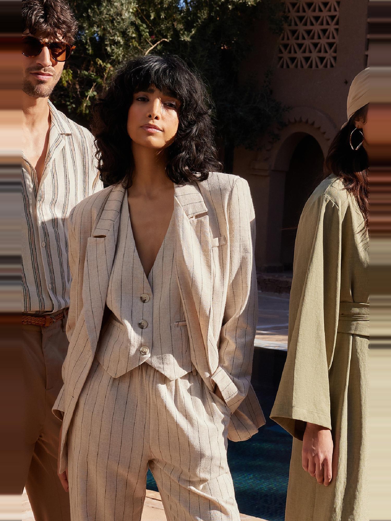 Beige Striped Double Breasted Blazer Jacket, , medium