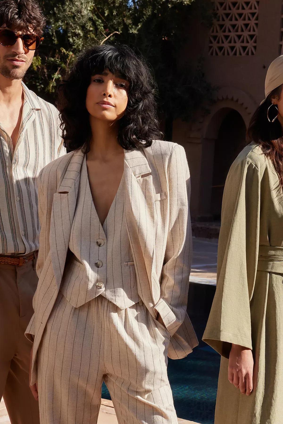 Beige Striped Double Breasted Blazer Jacket, Beige, medium