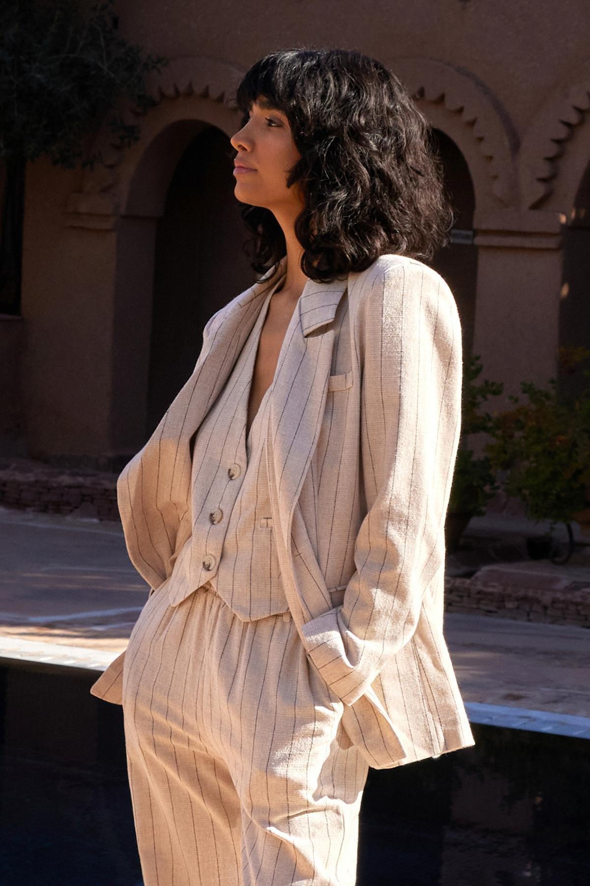 Beige Striped Double Breasted Blazer Jacket, , large image number 1