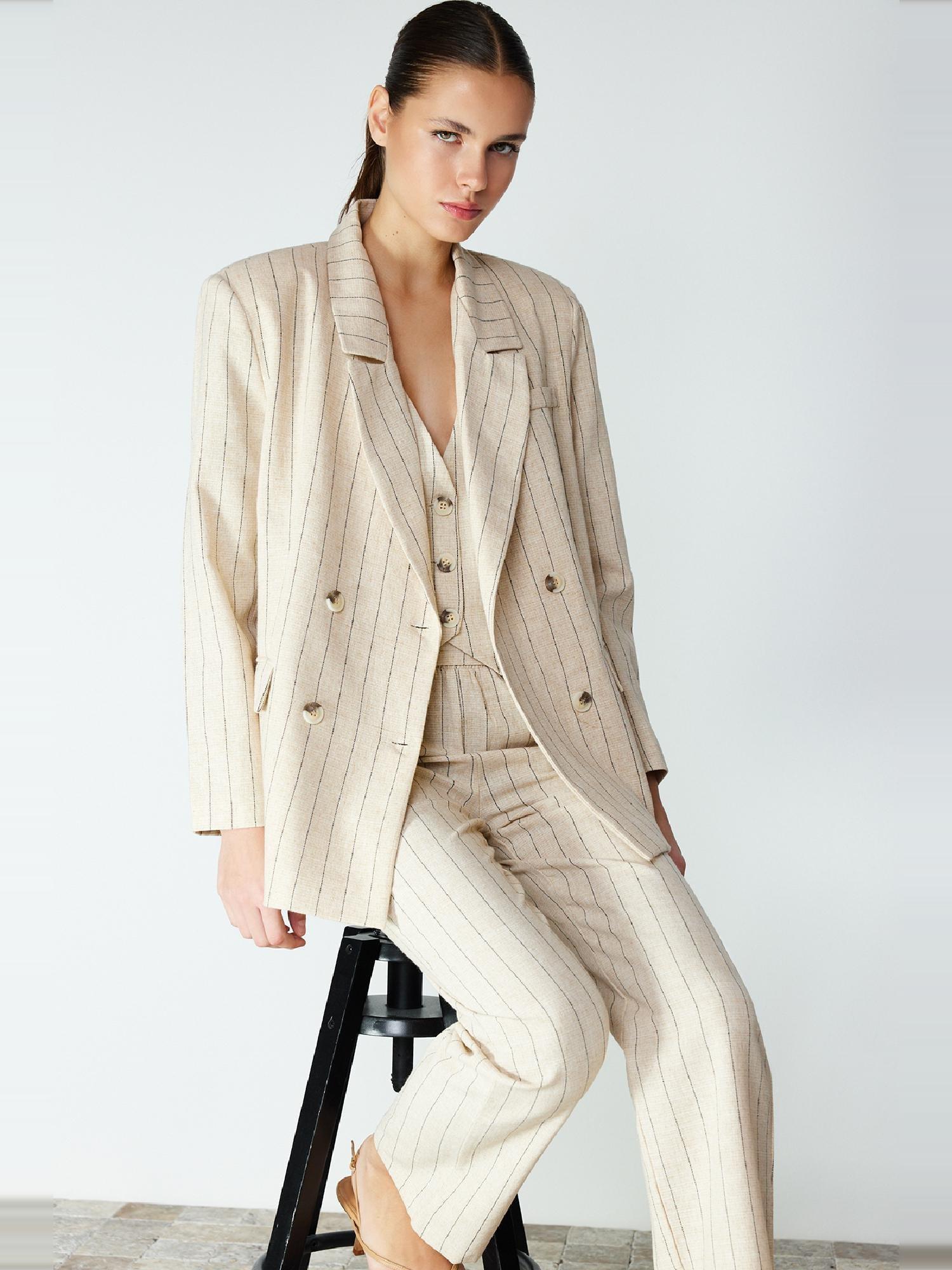 Beige Striped Double Breasted Blazer Jacket, , large image number 5