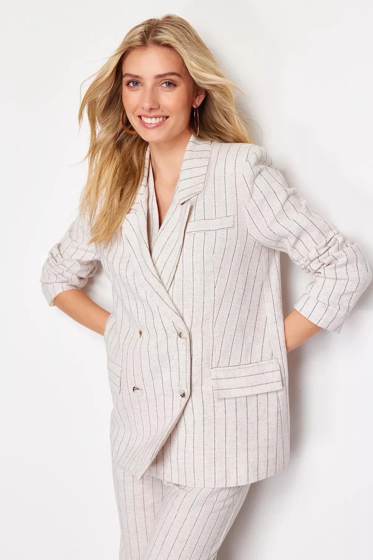 Beige Striped Double Breasted Blazer Jacket, Beige, large image number 5