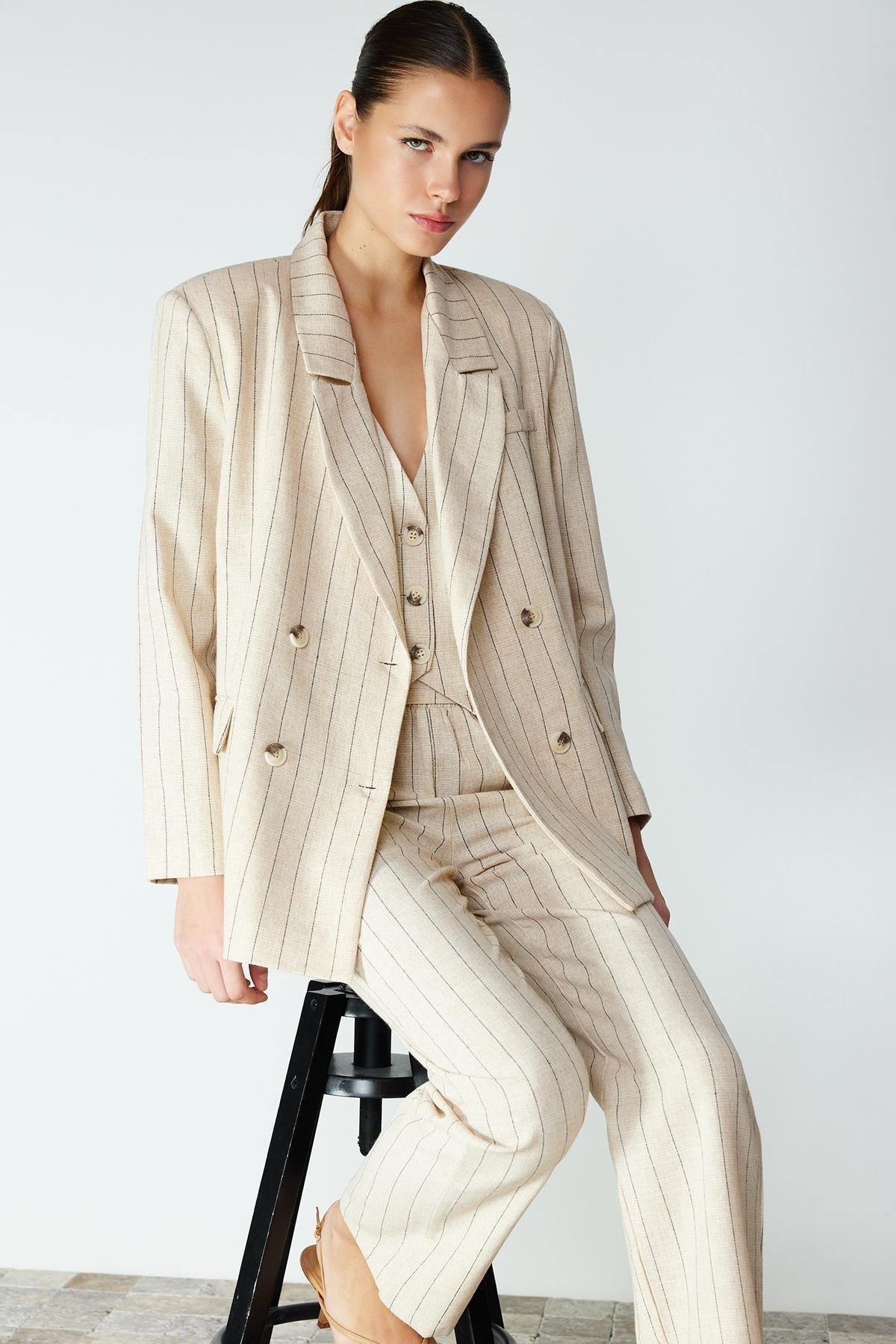 Beige Striped Double Breasted Blazer Jacket, , large image number 6