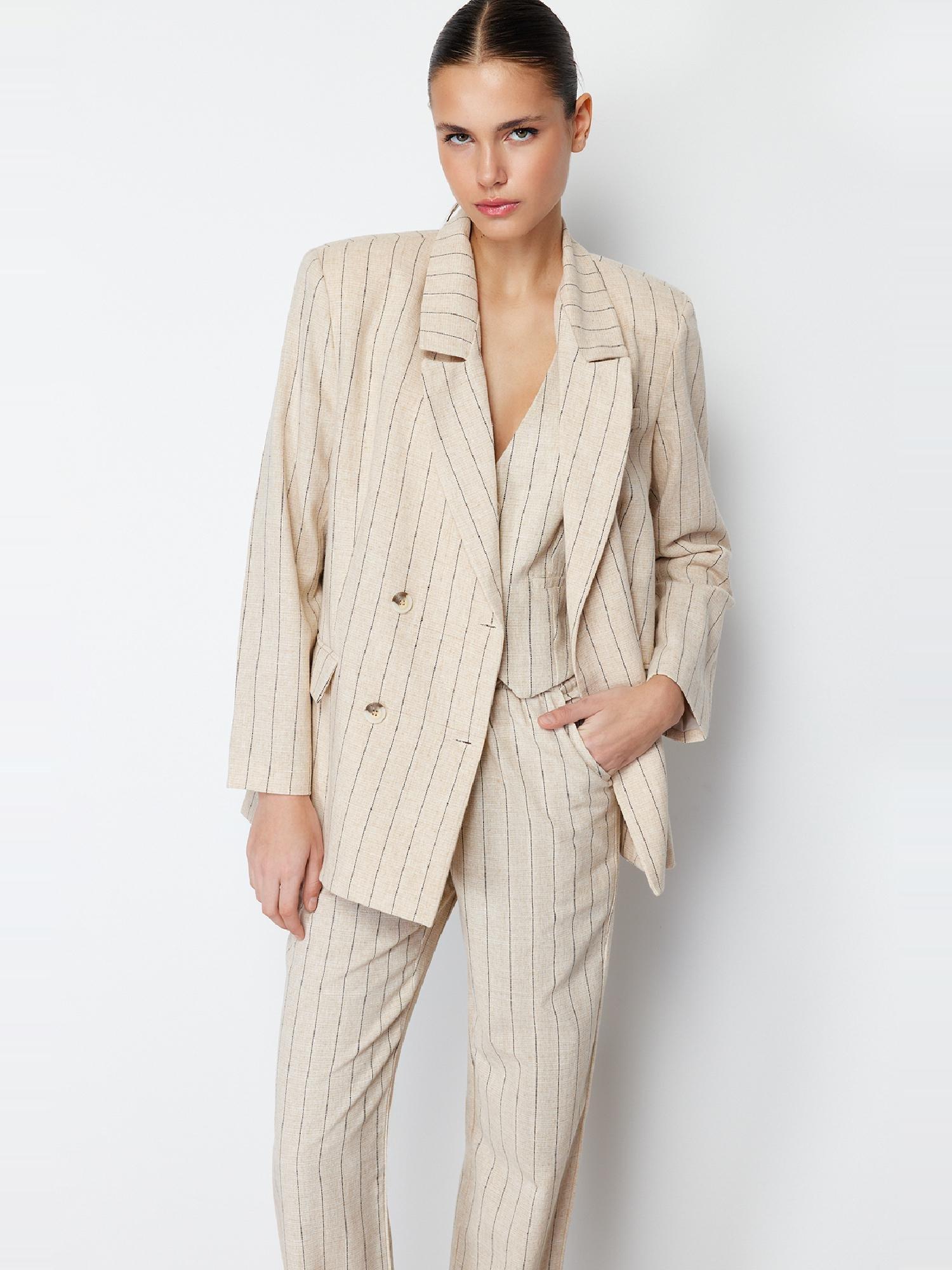 Beige Striped Double Breasted Blazer Jacket, , large image number 7