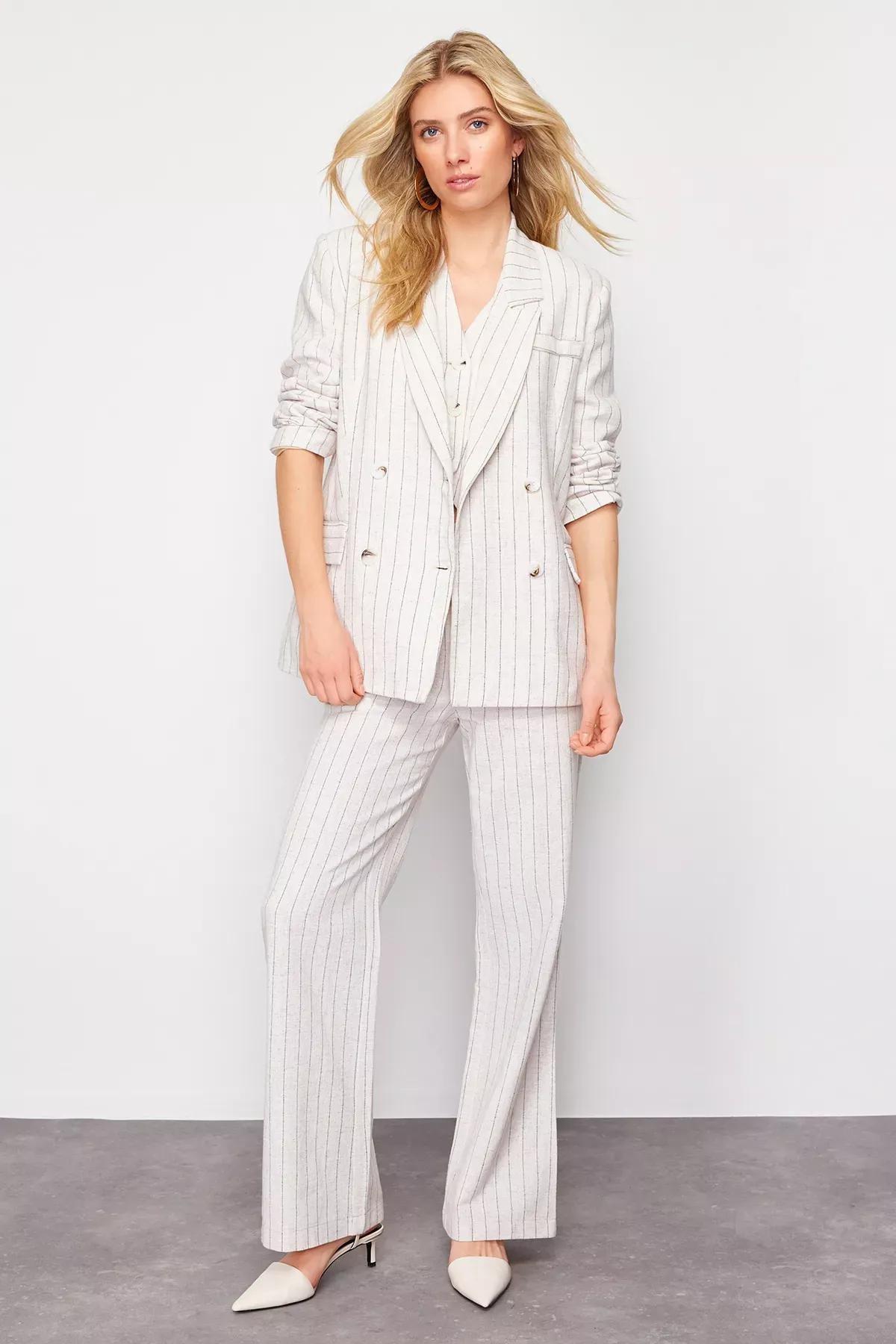 Beige Striped Double Breasted Blazer Jacket, Beige, large image number 7