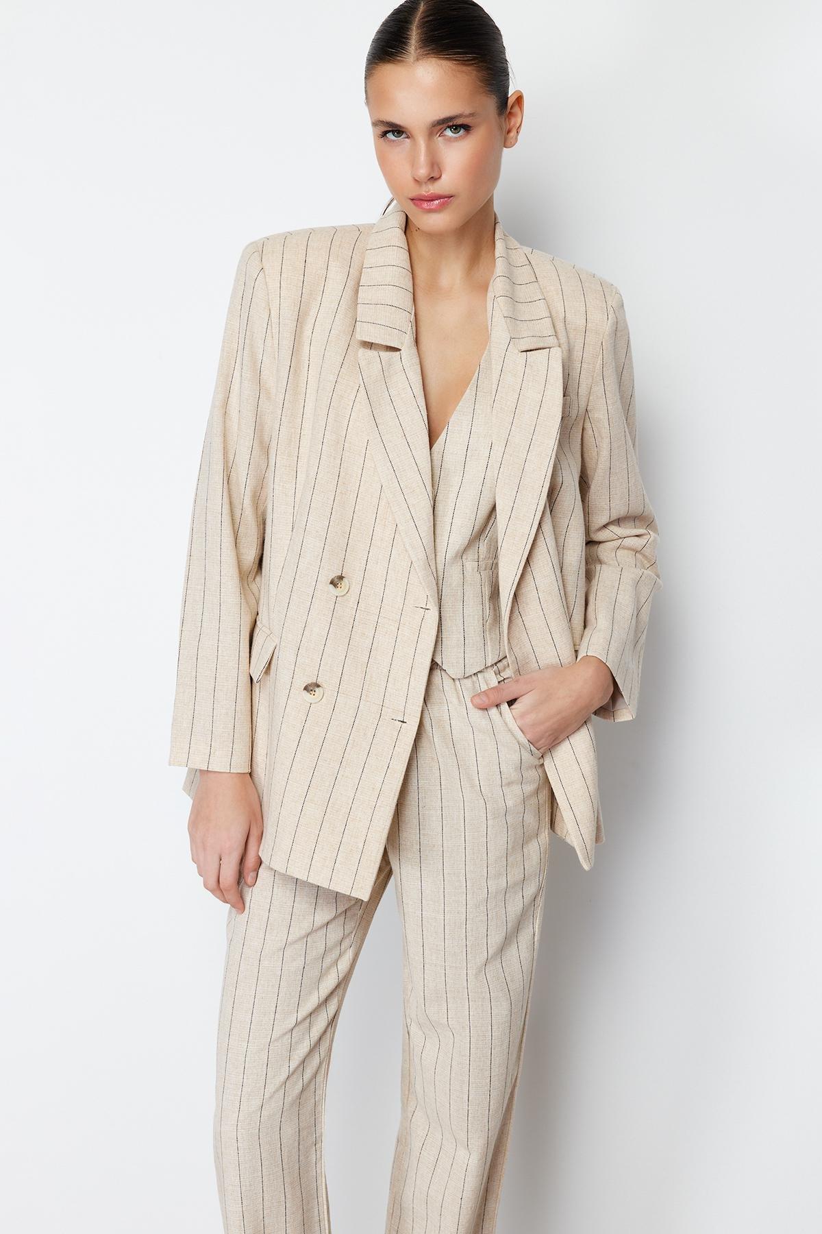 Beige Striped Double Breasted Blazer Jacket, , large image number 8