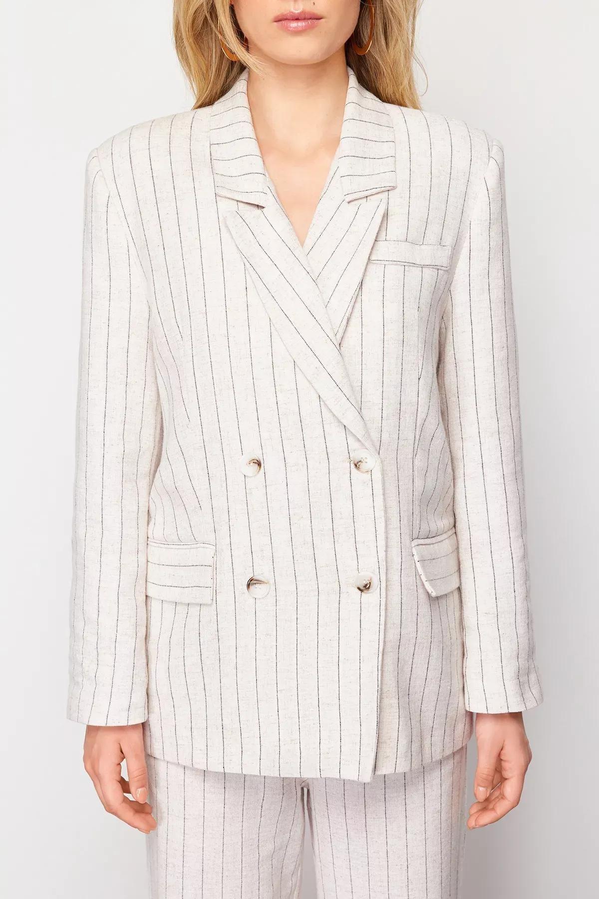 Beige Striped Double Breasted Blazer Jacket, Beige, large image number 9