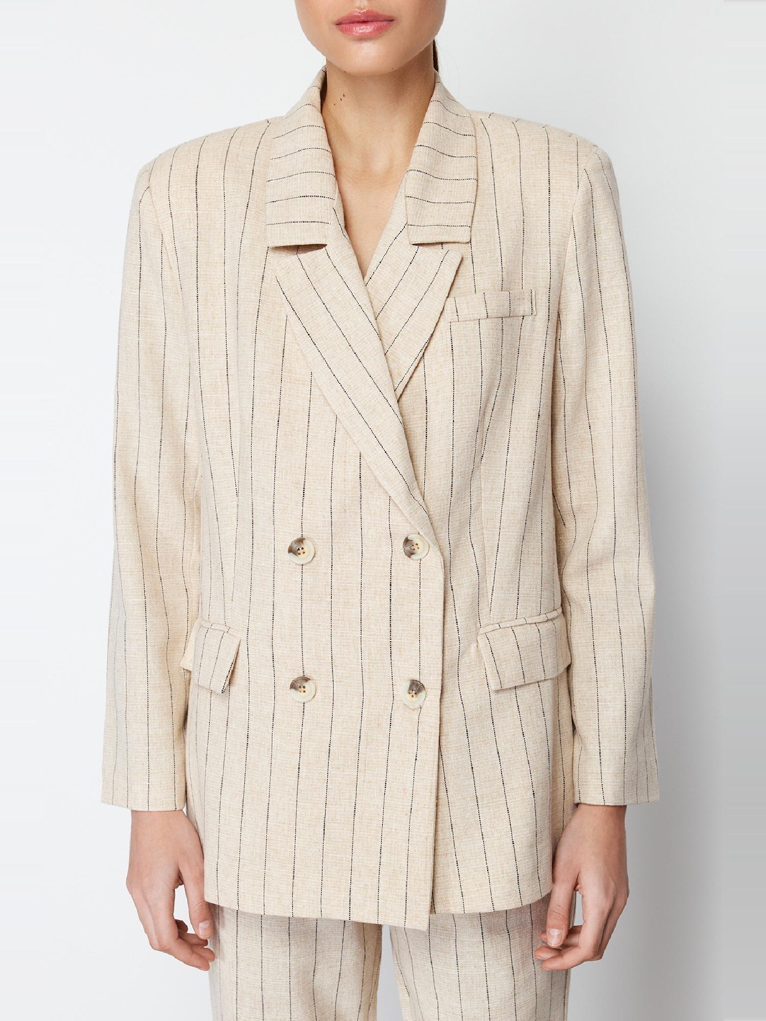 Beige Striped Double Breasted Blazer Jacket, , large image number 11
