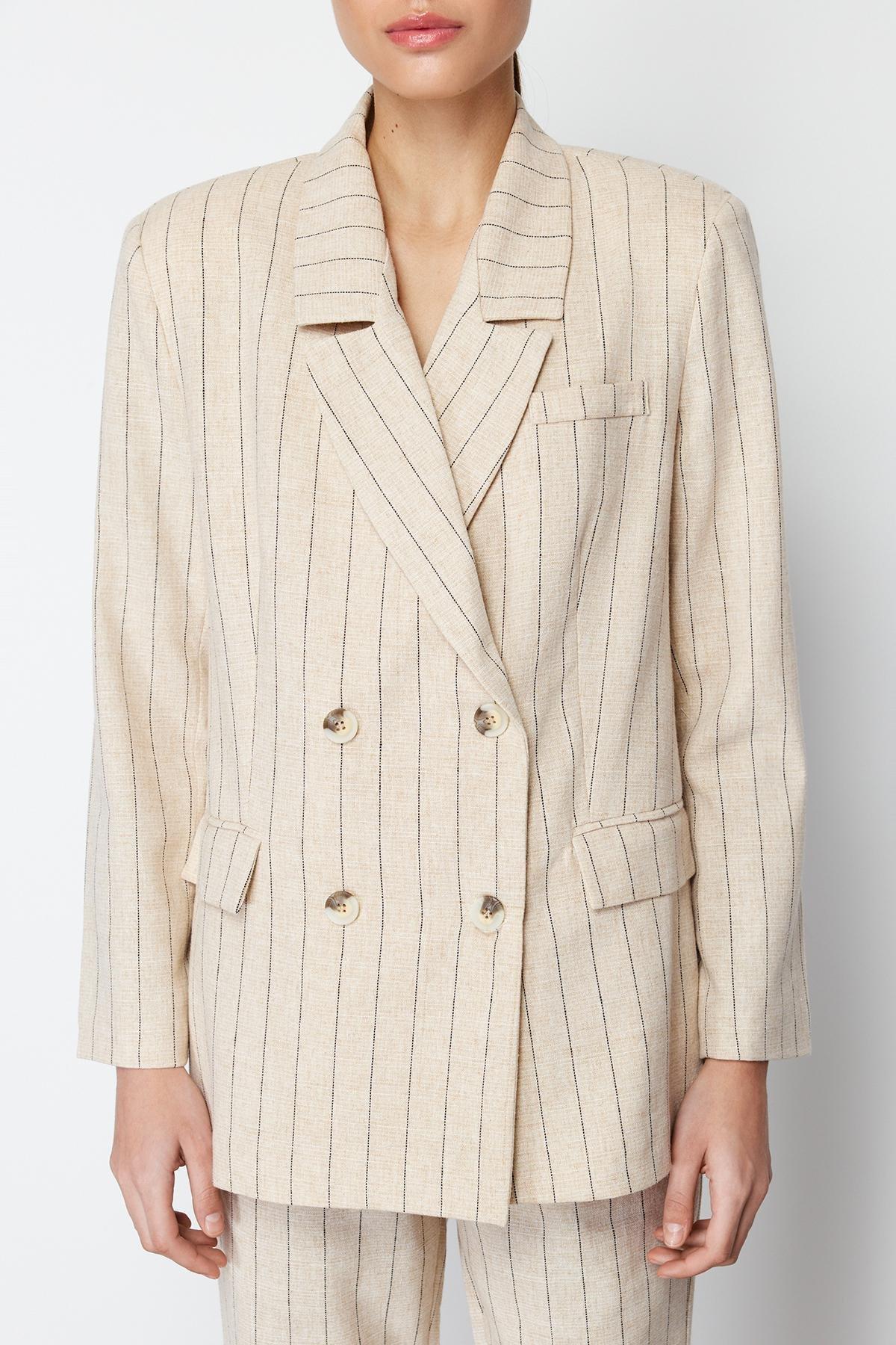 Beige Striped Double Breasted Blazer Jacket, , large image number 12