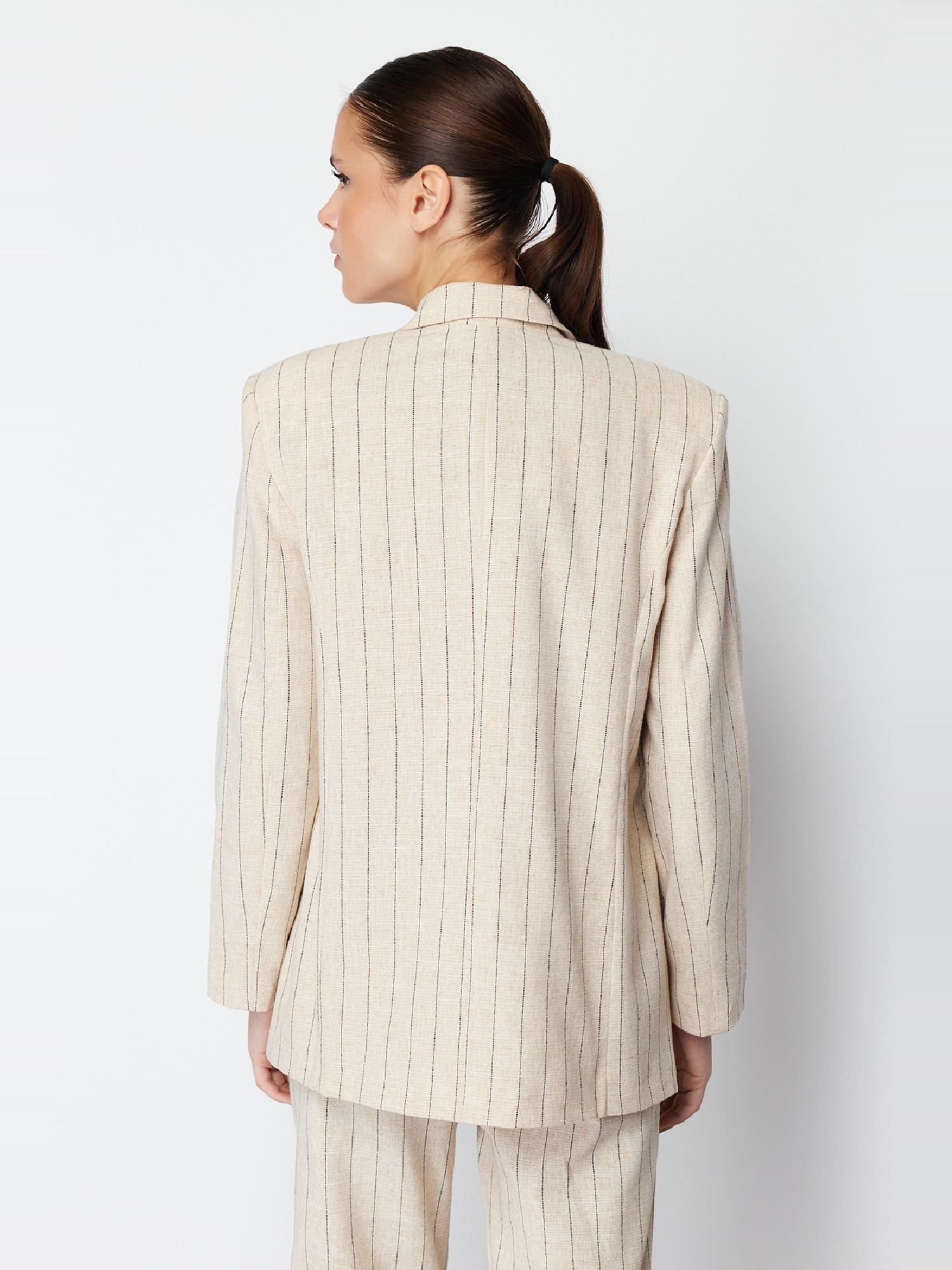 Beige Striped Double Breasted Blazer Jacket, , large image number 13