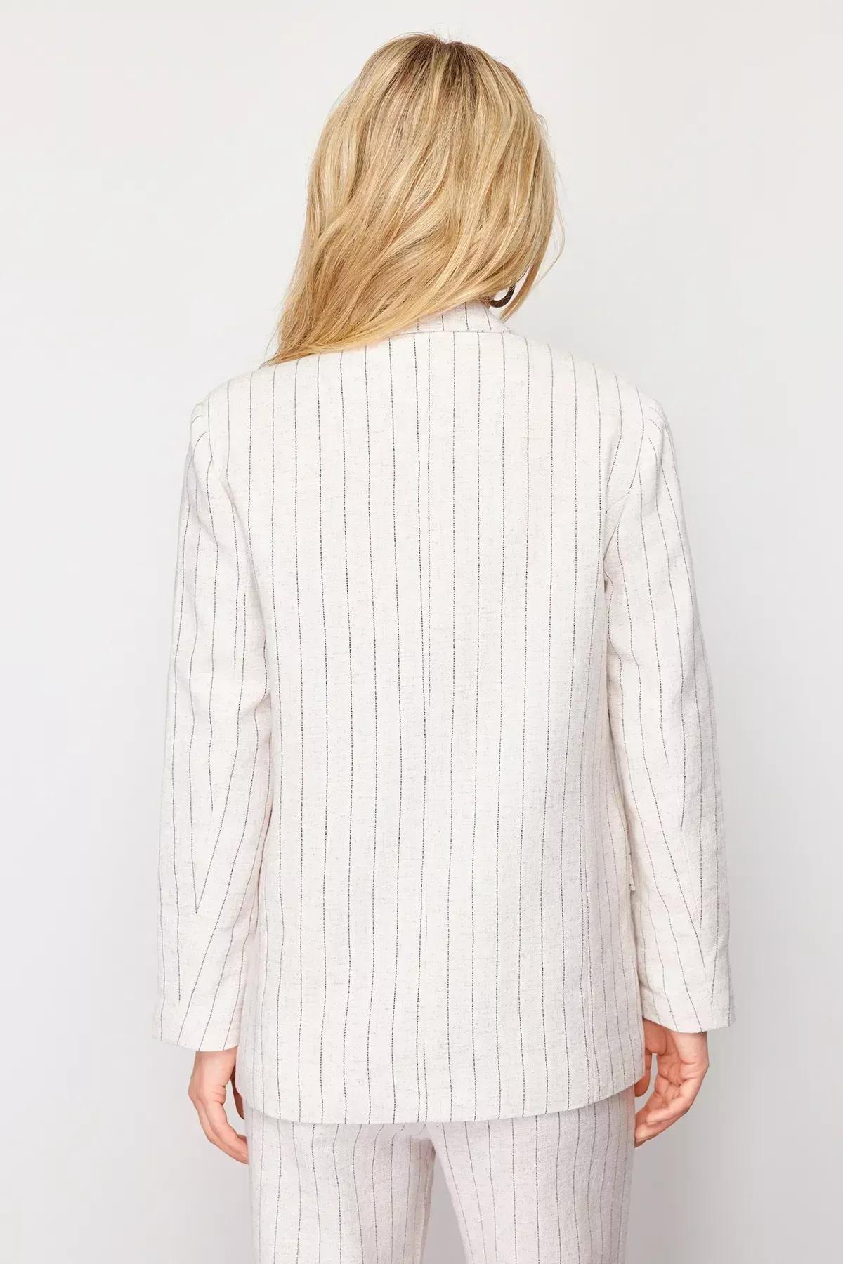 Beige Striped Double Breasted Blazer Jacket, Beige, large image number 13