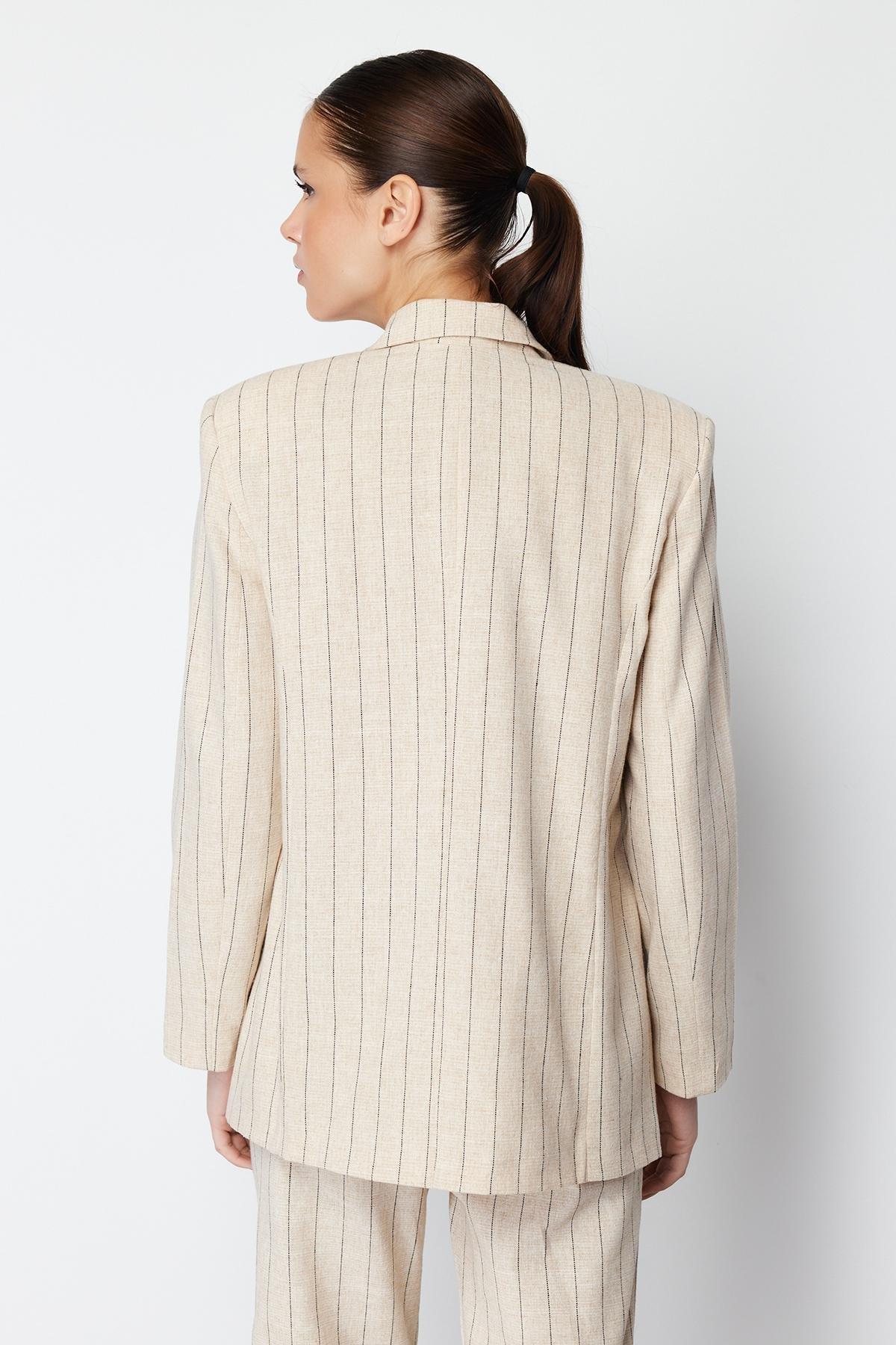 Beige Striped Double Breasted Blazer Jacket, , large image number 14