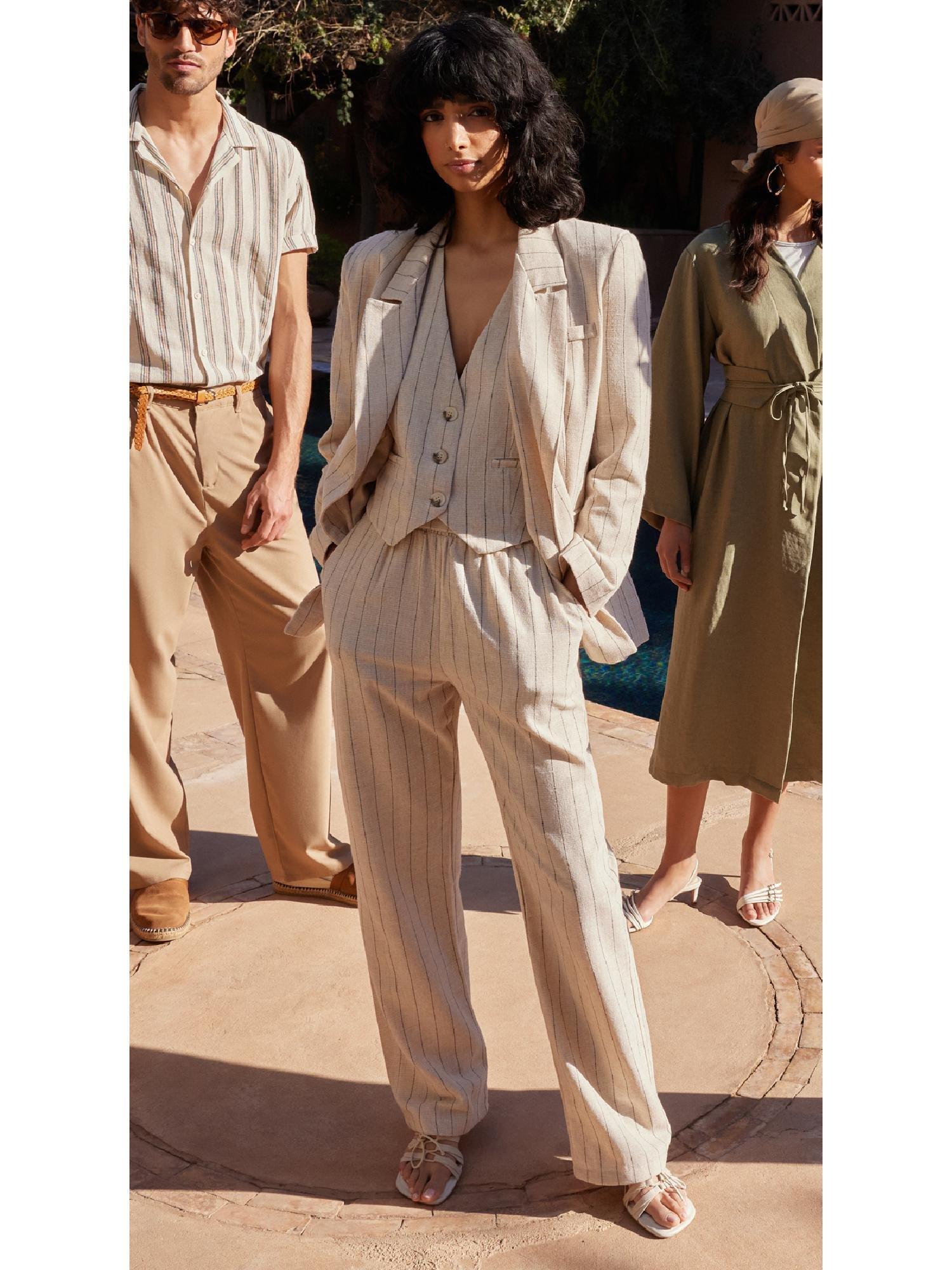 Beige Striped Elastic Waist Woven Trousers, , medium