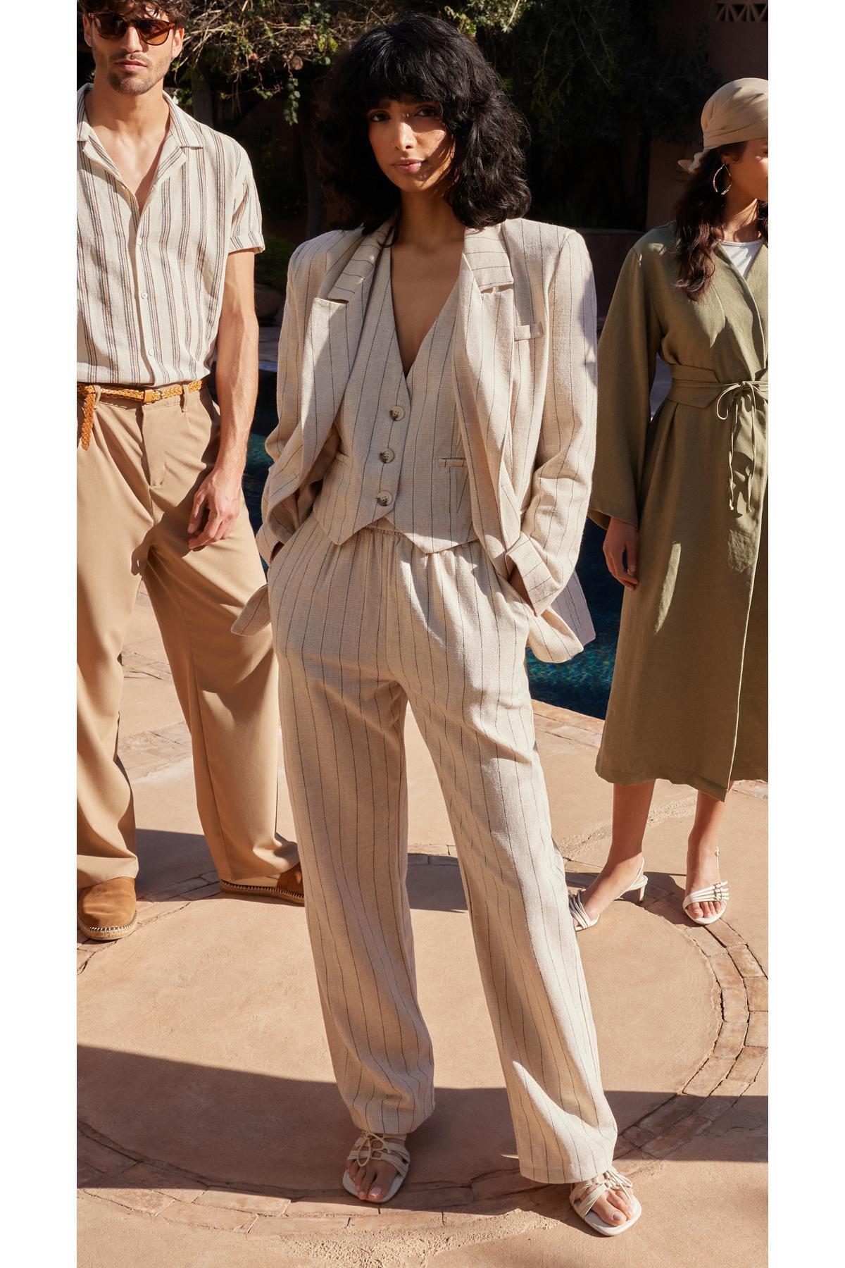 Beige Striped Elastic Waist Woven Trousers, , large image number 2