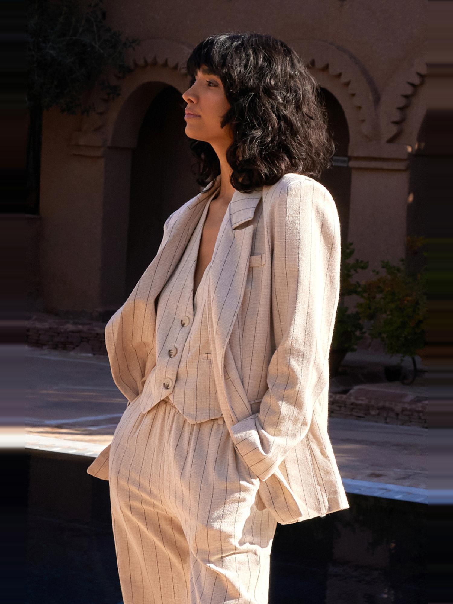Beige Striped Elastic Waist Woven Trousers, , large image number 3