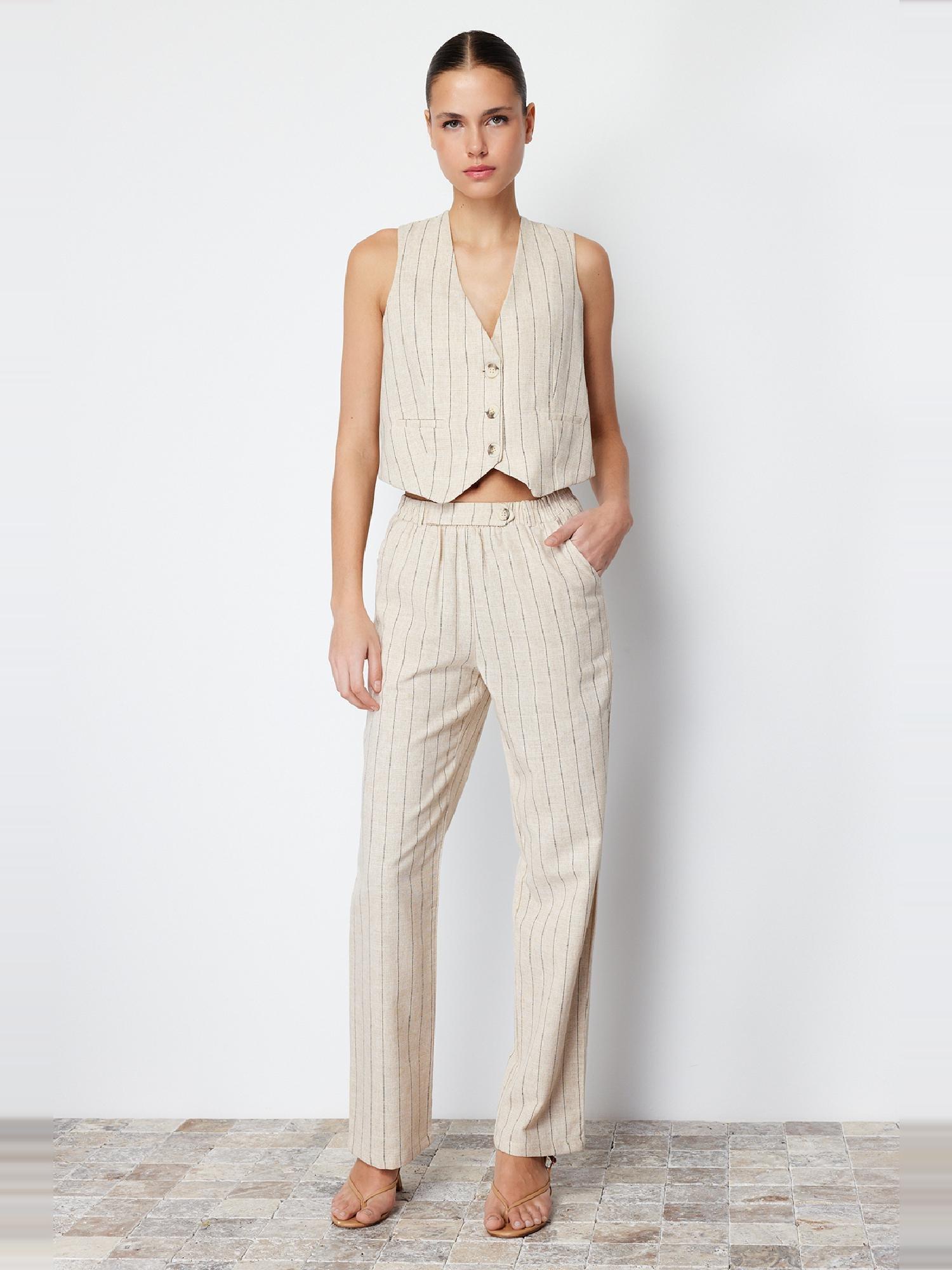 Beige Striped Elastic Waist Woven Trousers, , large image number 5