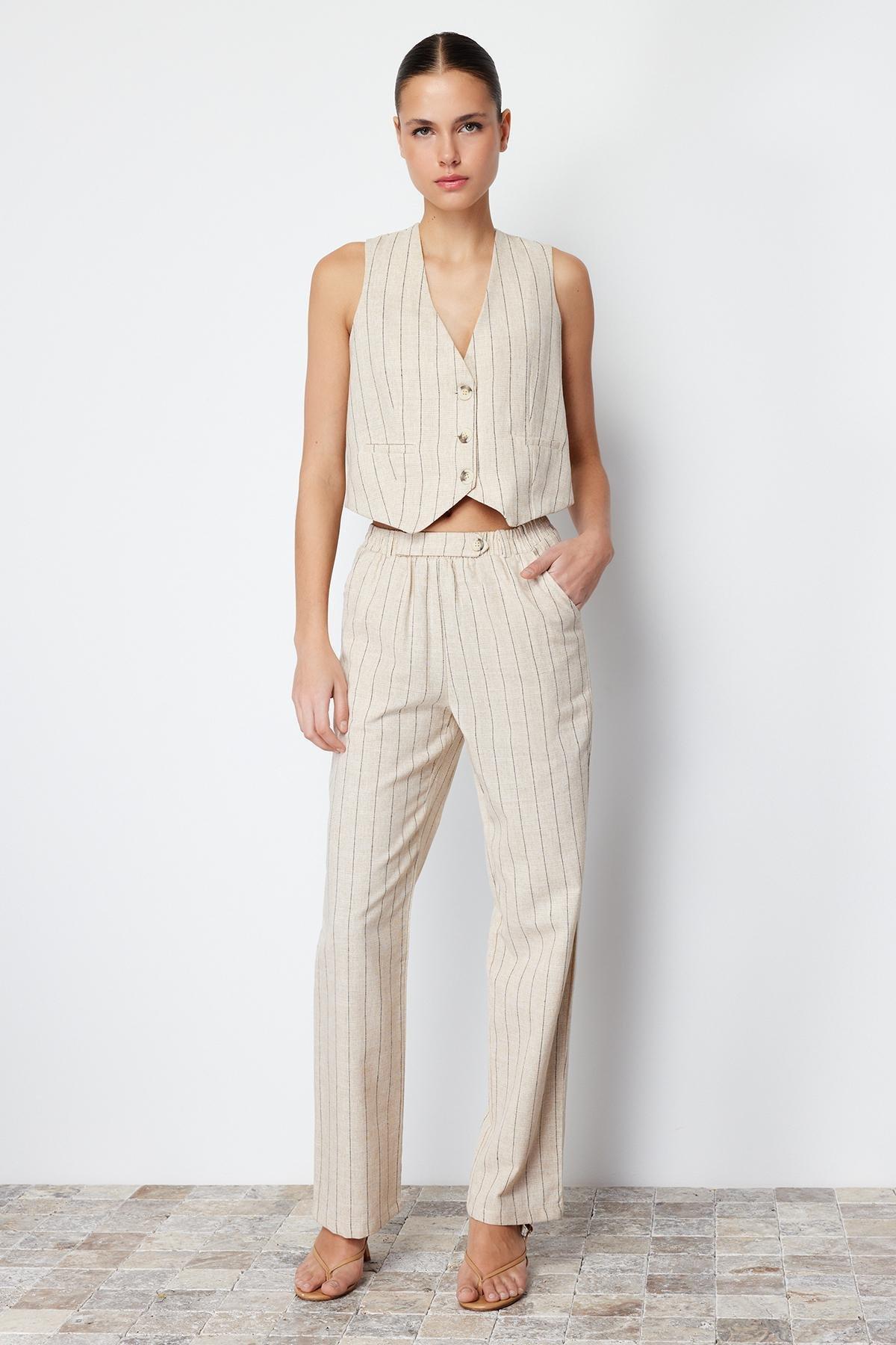Beige Striped Elastic Waist Woven Trousers, , large image number 6