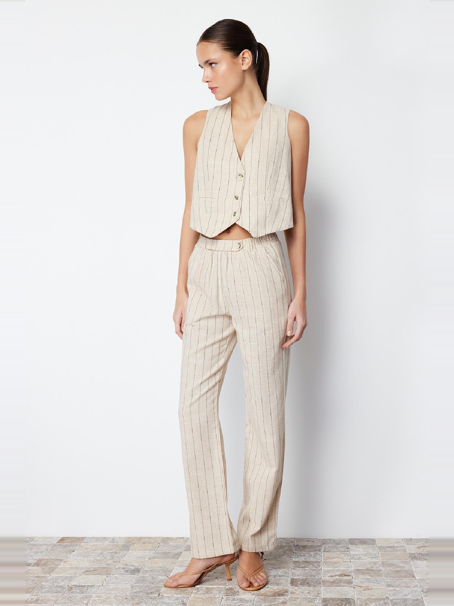 Beige Striped Elastic Waist Woven Trousers, , large image number 7