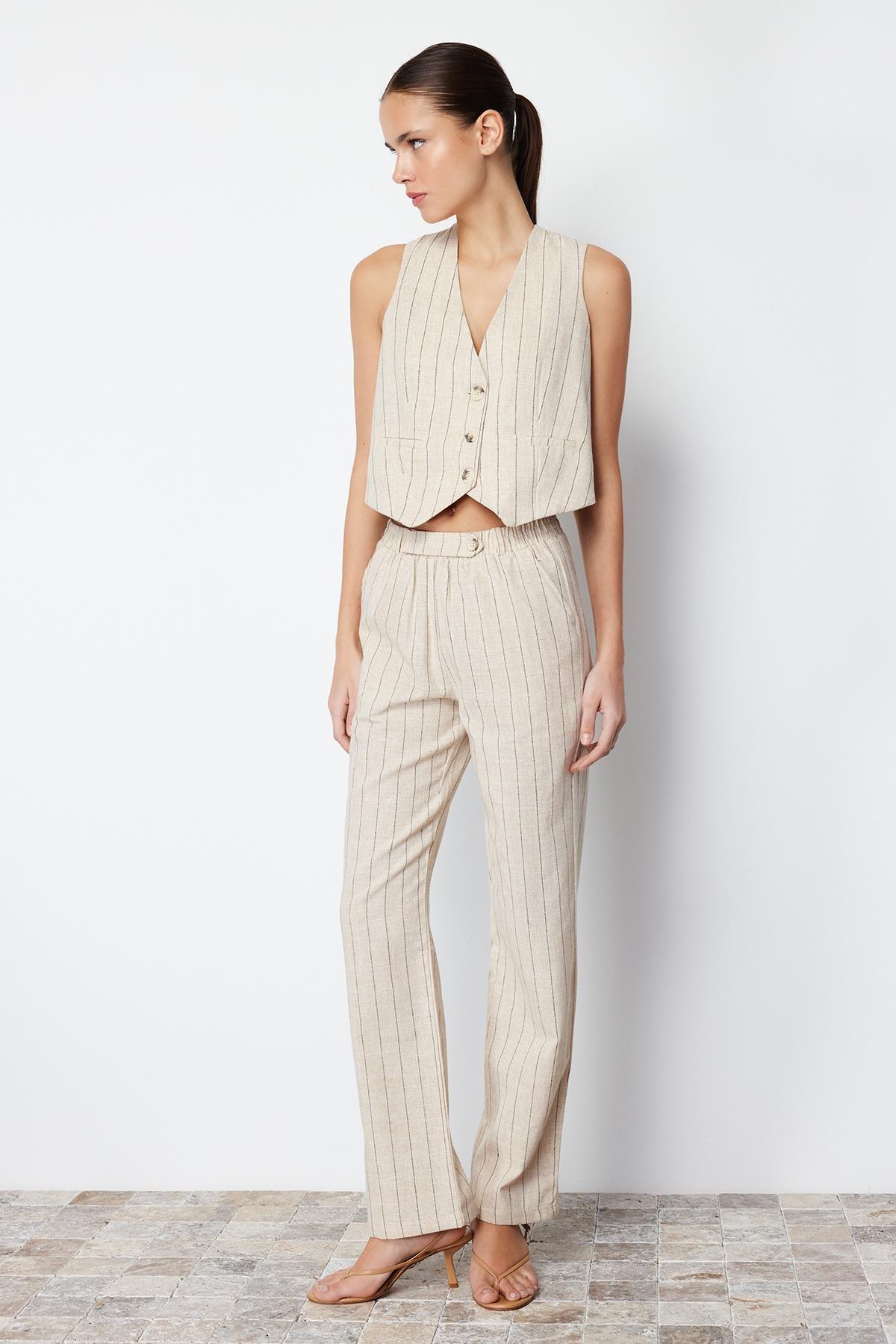 Beige Striped Elastic Waist Woven Trousers, , large image number 8