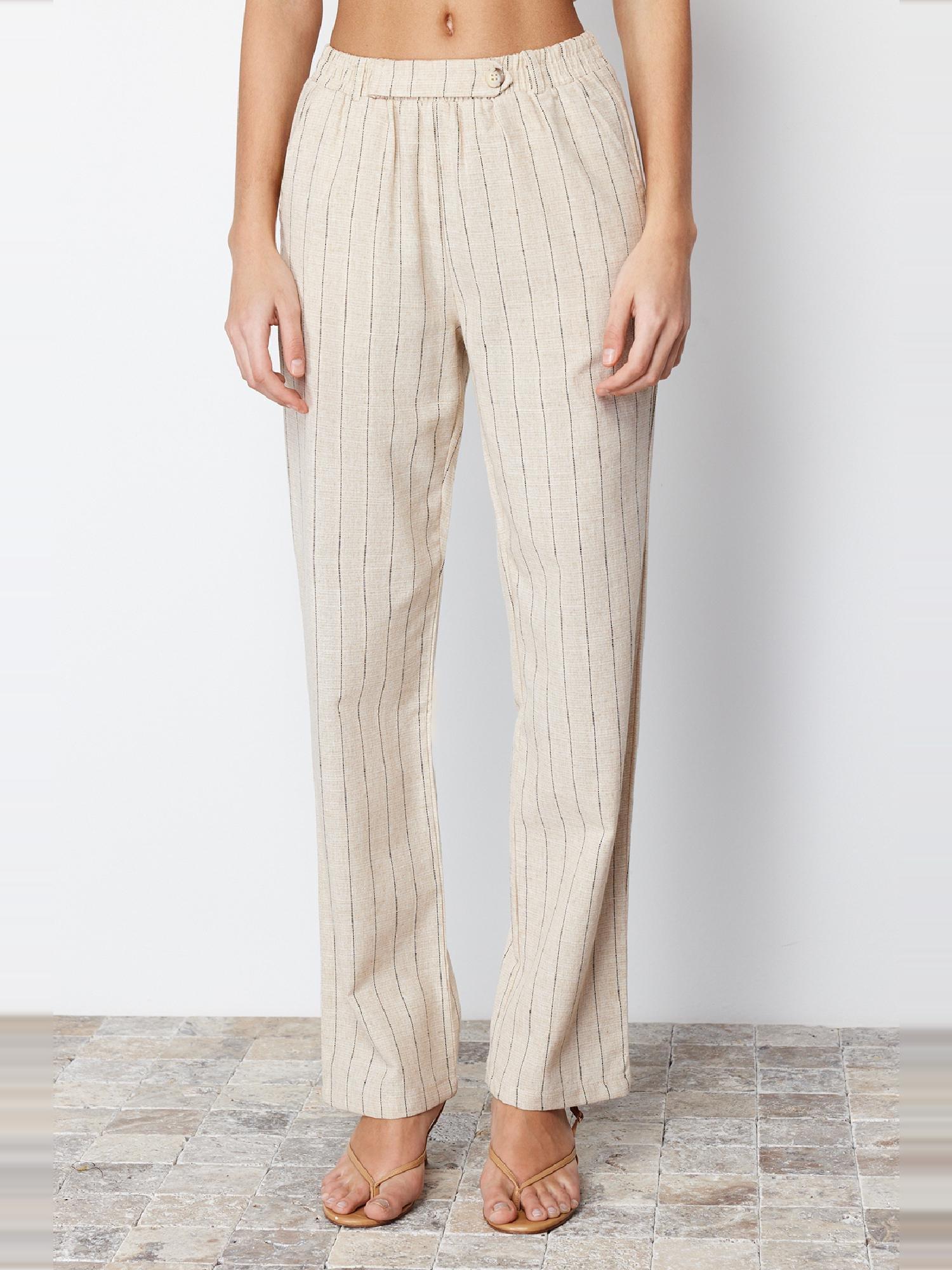 Beige Striped Elastic Waist Woven Trousers, , large image number 11