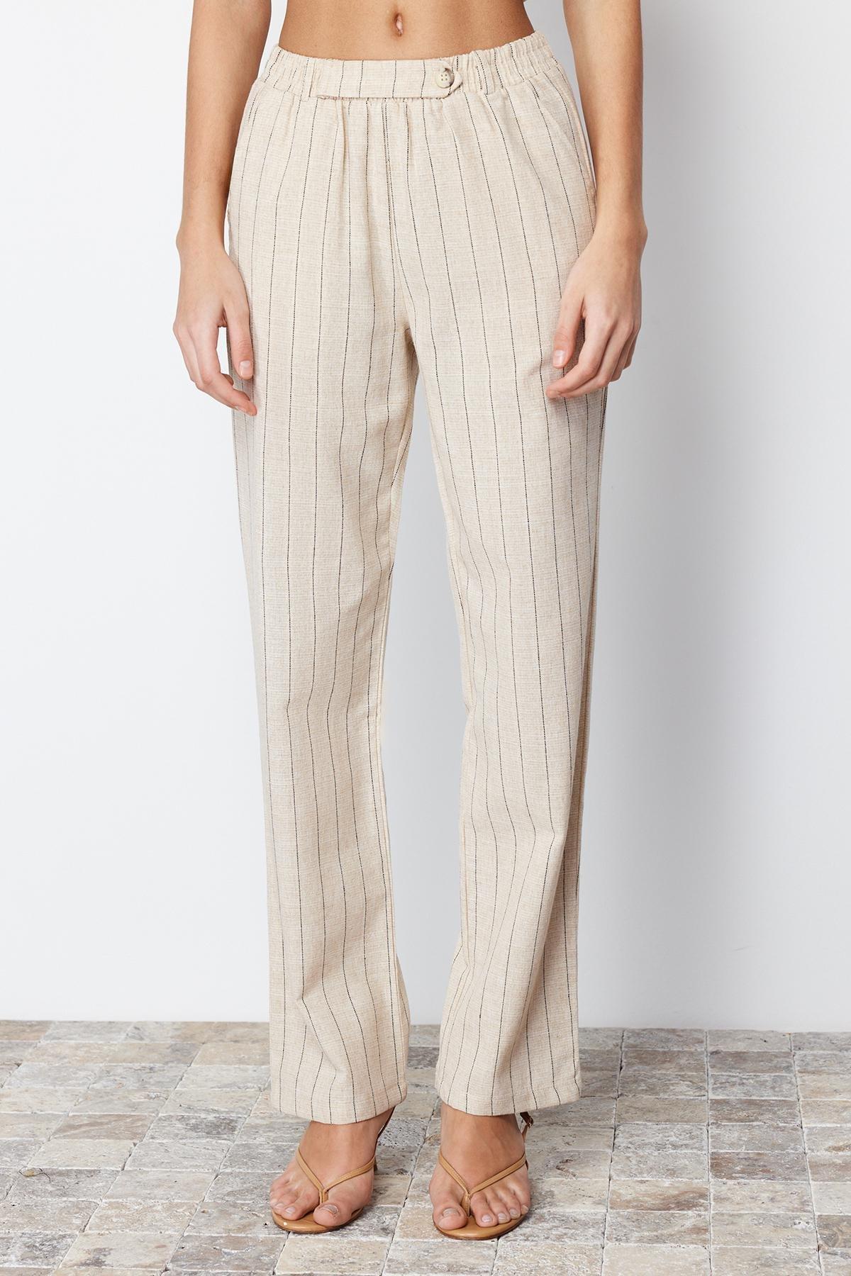 Beige Striped Elastic Waist Woven Trousers, , large image number 12