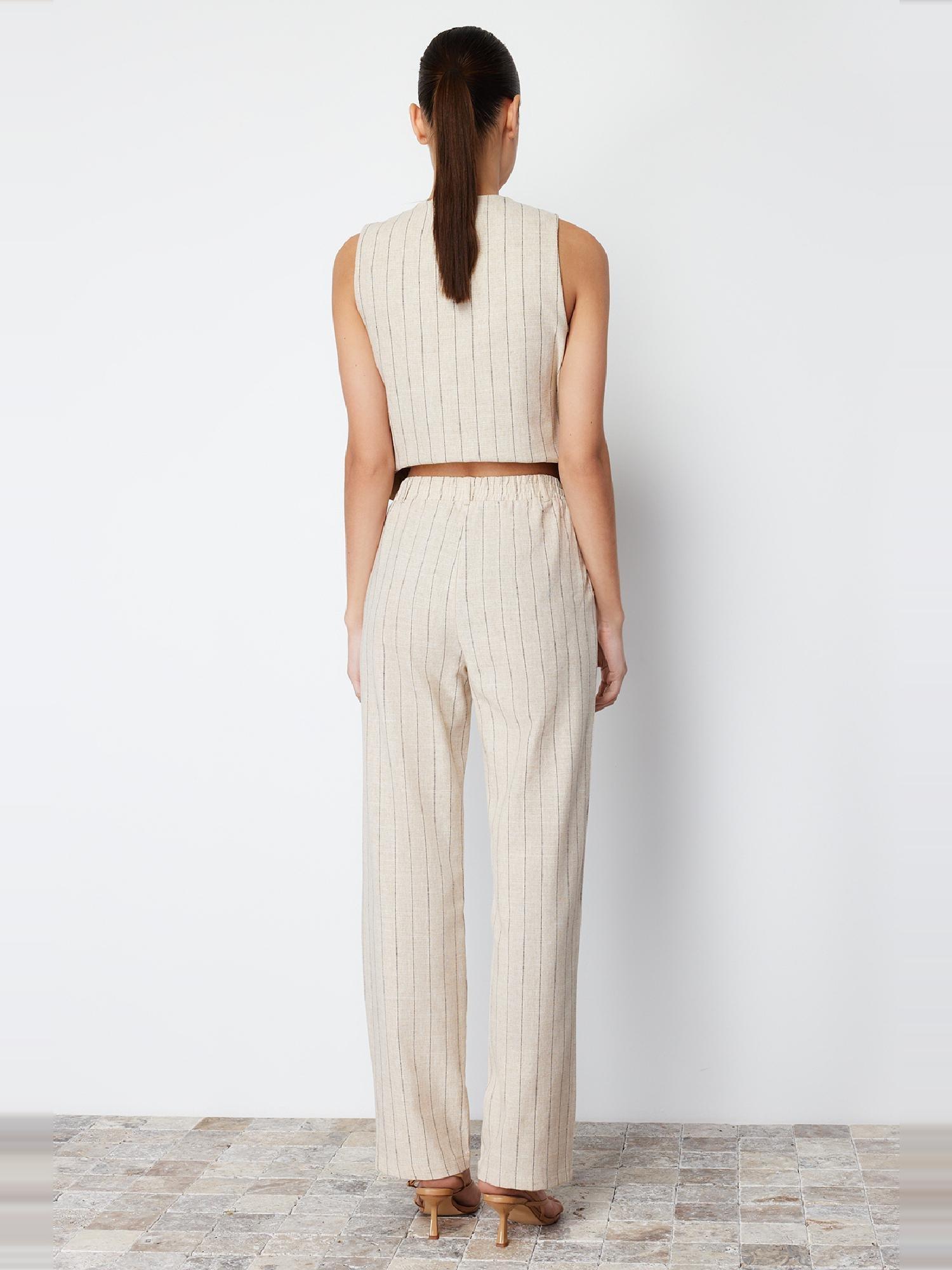 Beige Striped Elastic Waist Woven Trousers, , large image number 13