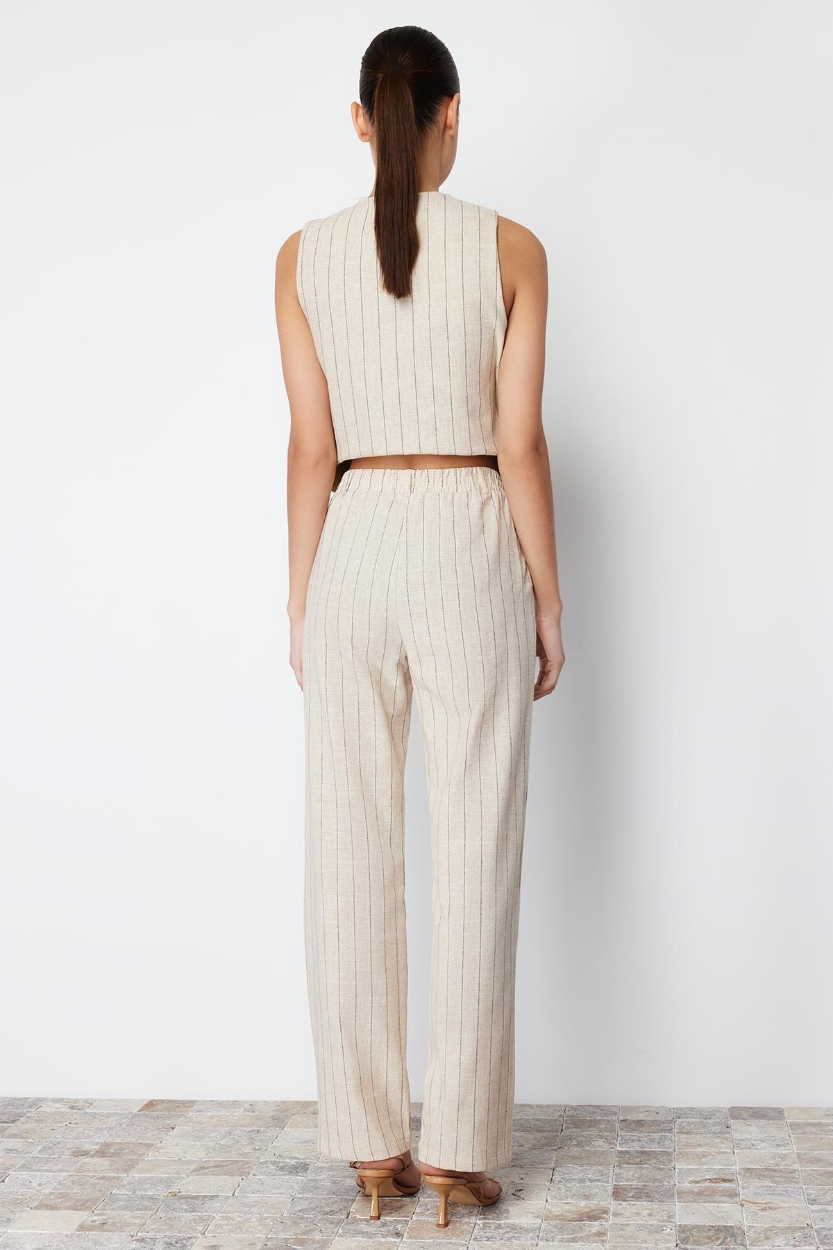 Beige Striped Elastic Waist Woven Trousers, , large image number 14