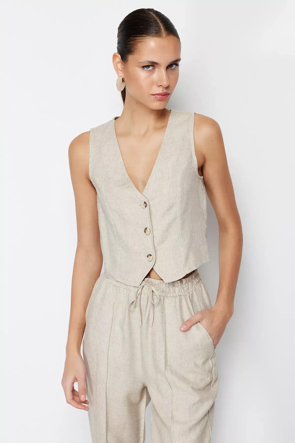 Beige Regular Linen Vest, Beige, large image number 1