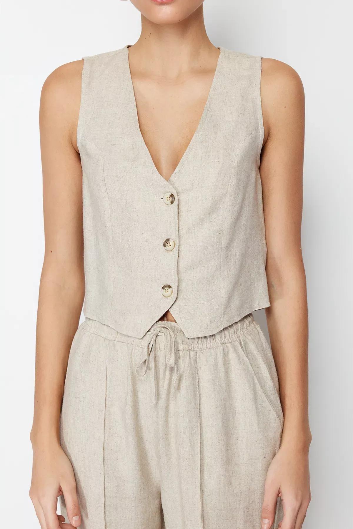 Beige Regular Linen Vest, Beige, large image number 4