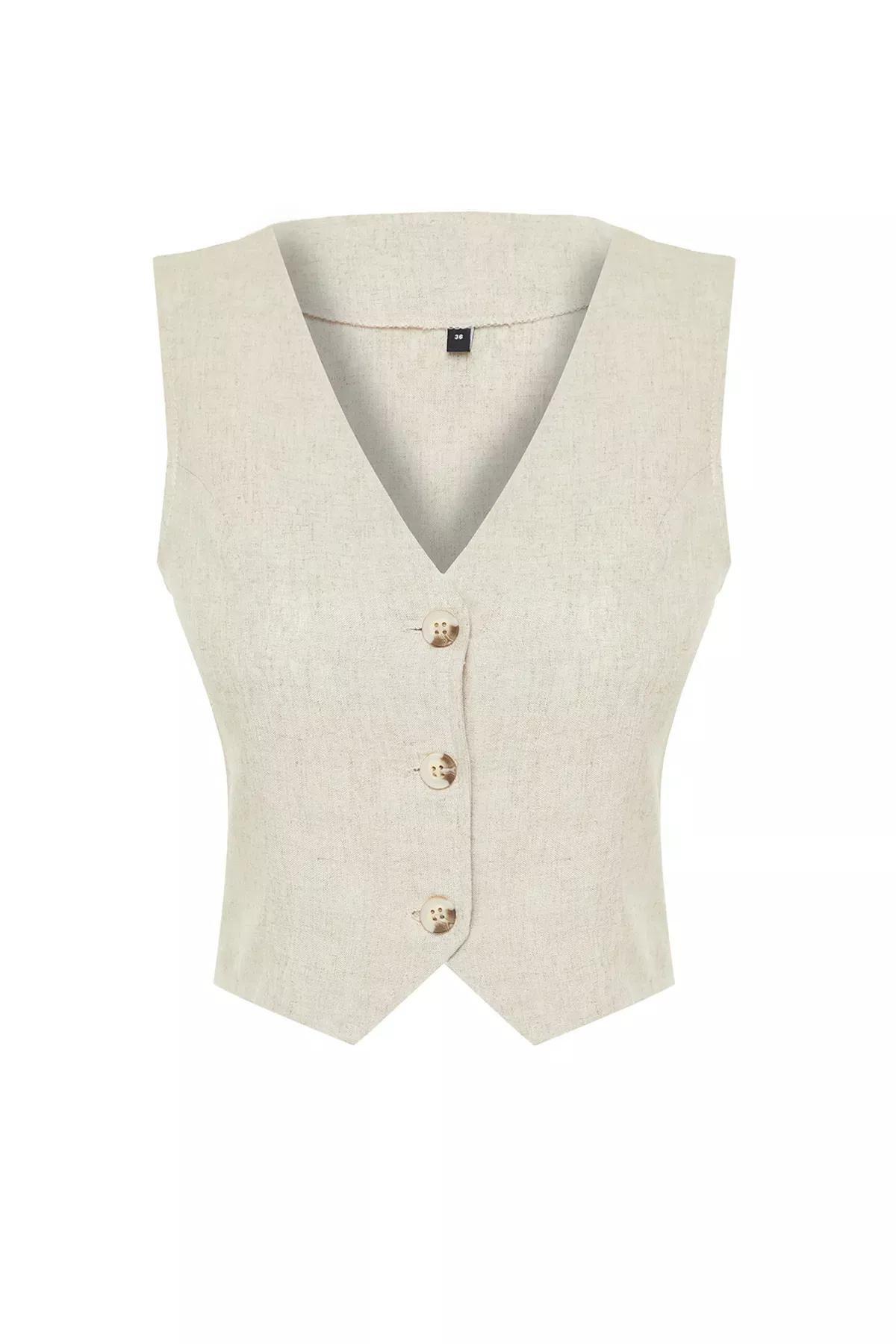 Beige Regular Linen Vest, Beige, large image number 5