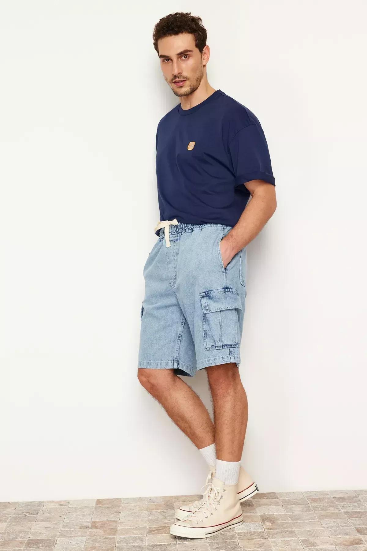 Blue Cargo Pocket Elastic Waist Jeans, Light Blue-6006, medium