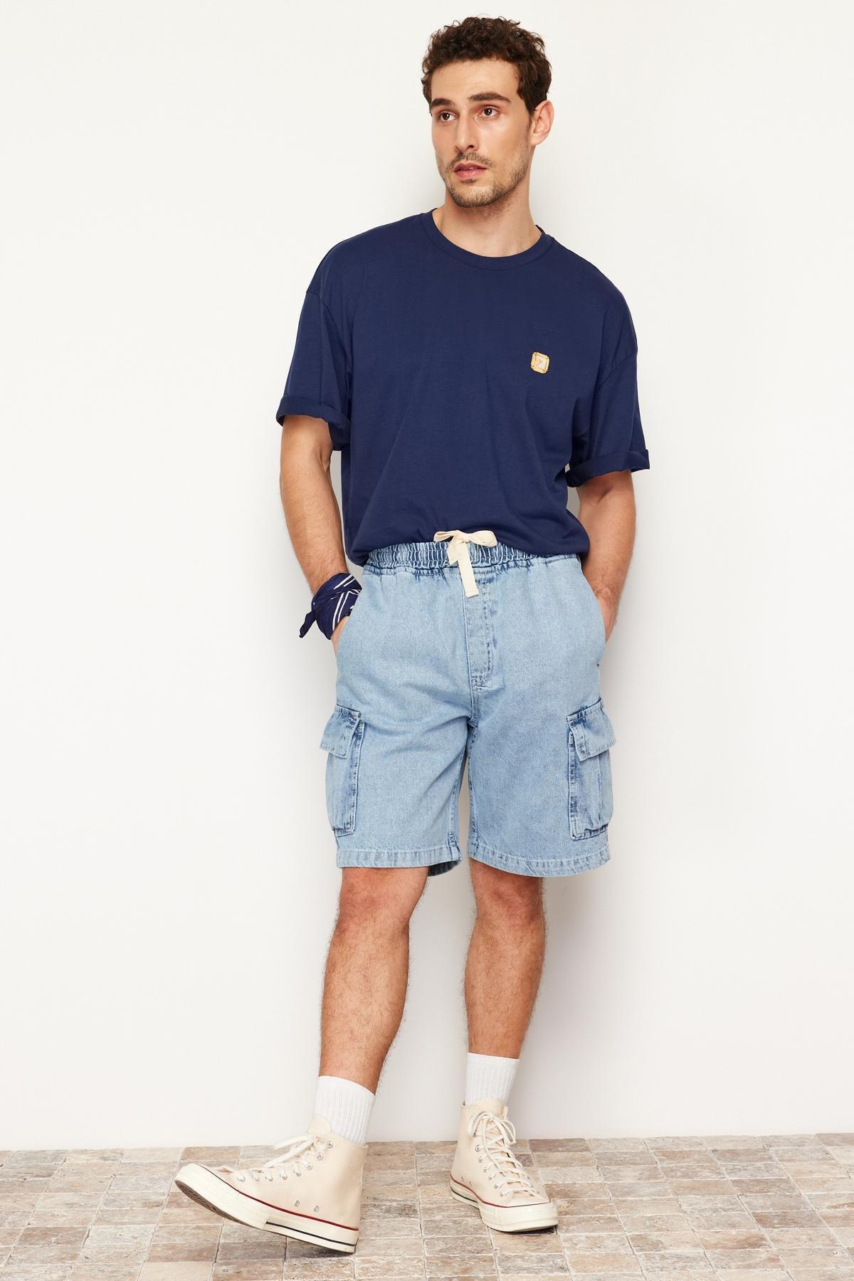 Blue Cargo Pocket Elastic Waist Jeans, , large image number 0